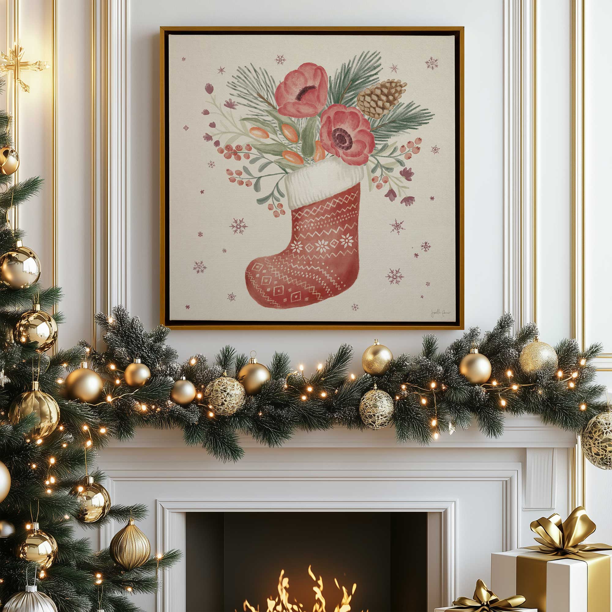 vintage christmas stocking print on canvas in a gold floater frame hanging above the mantel
