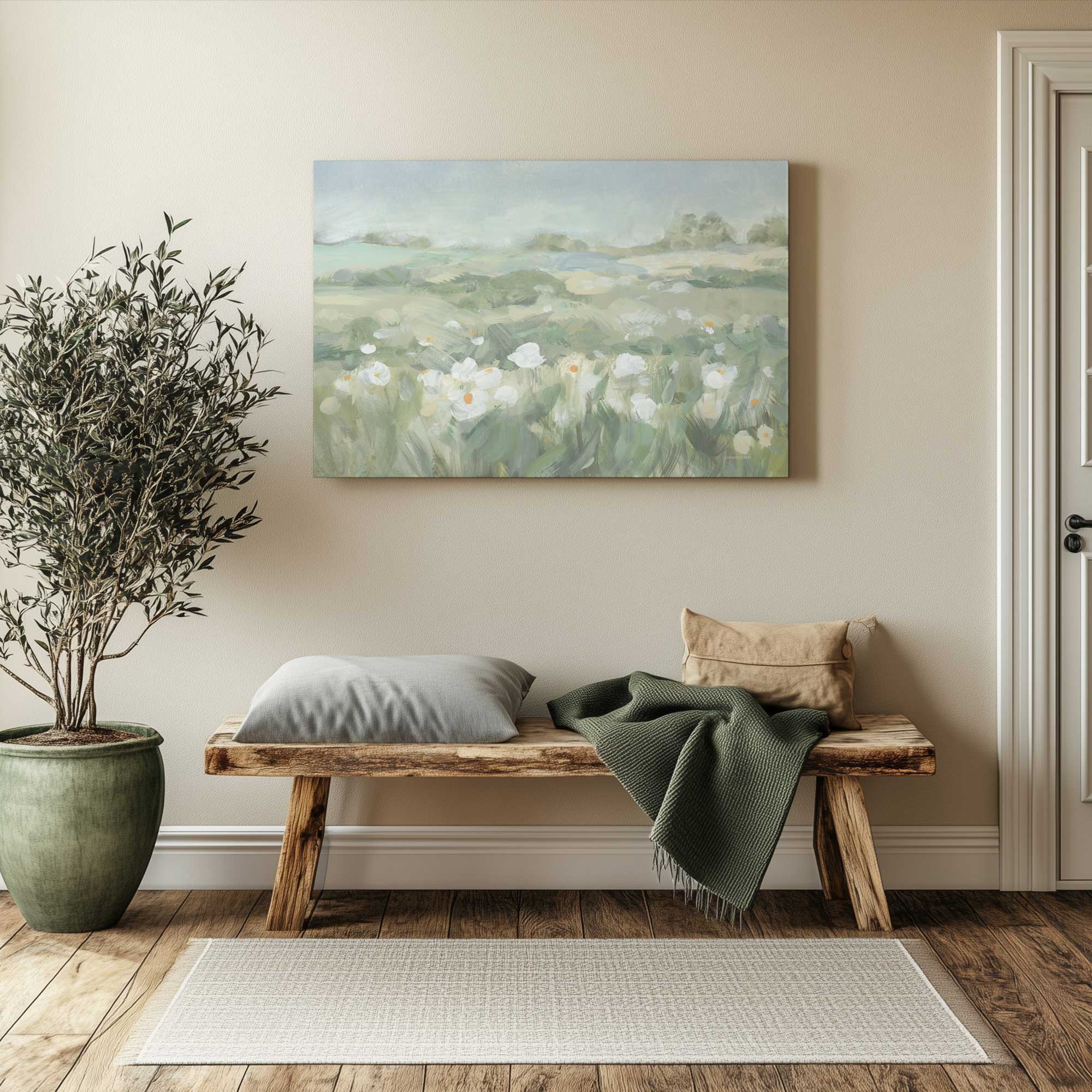 Meadow light drift print on canvas hanging above a bench