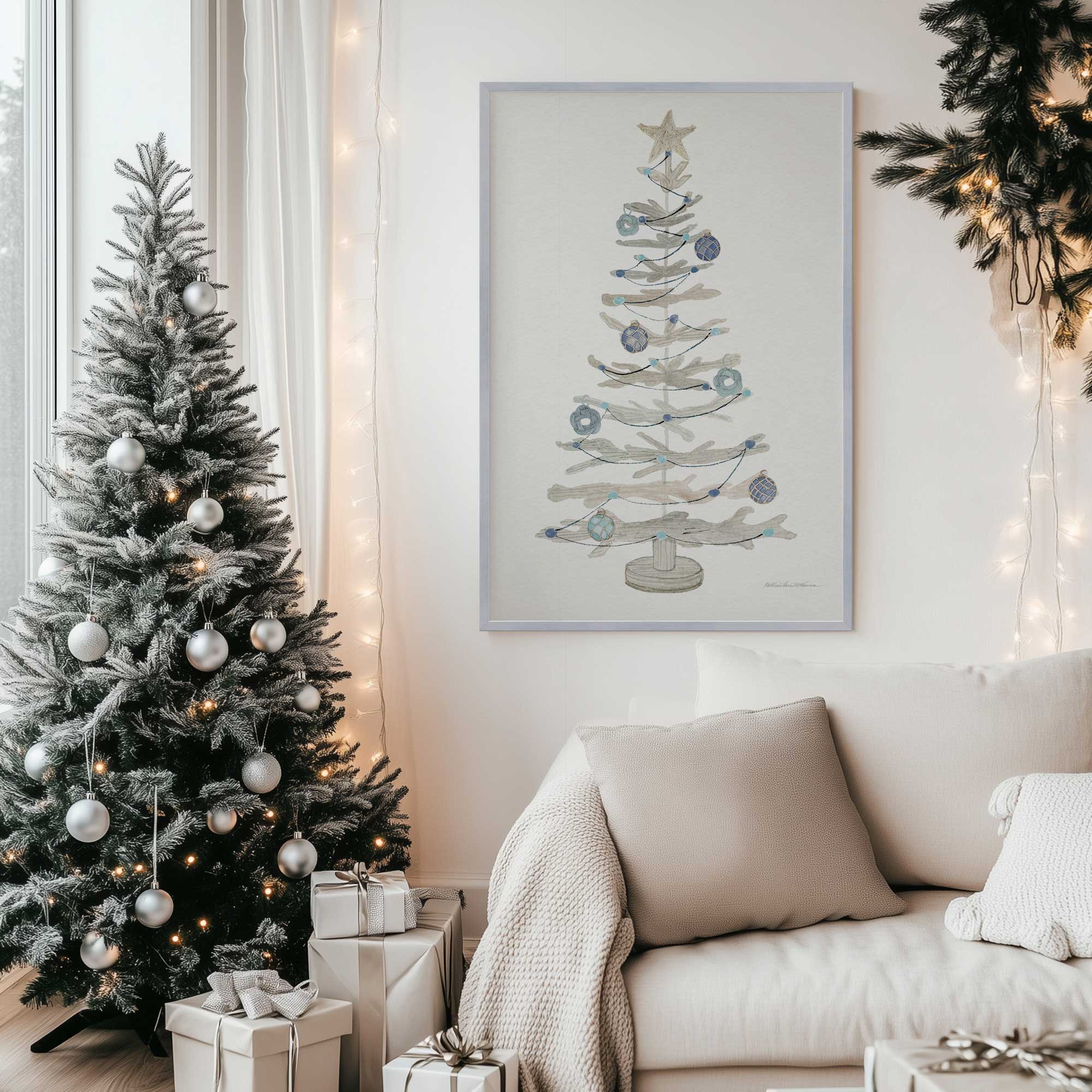 sea breeze Christmas tree print hanging in living room