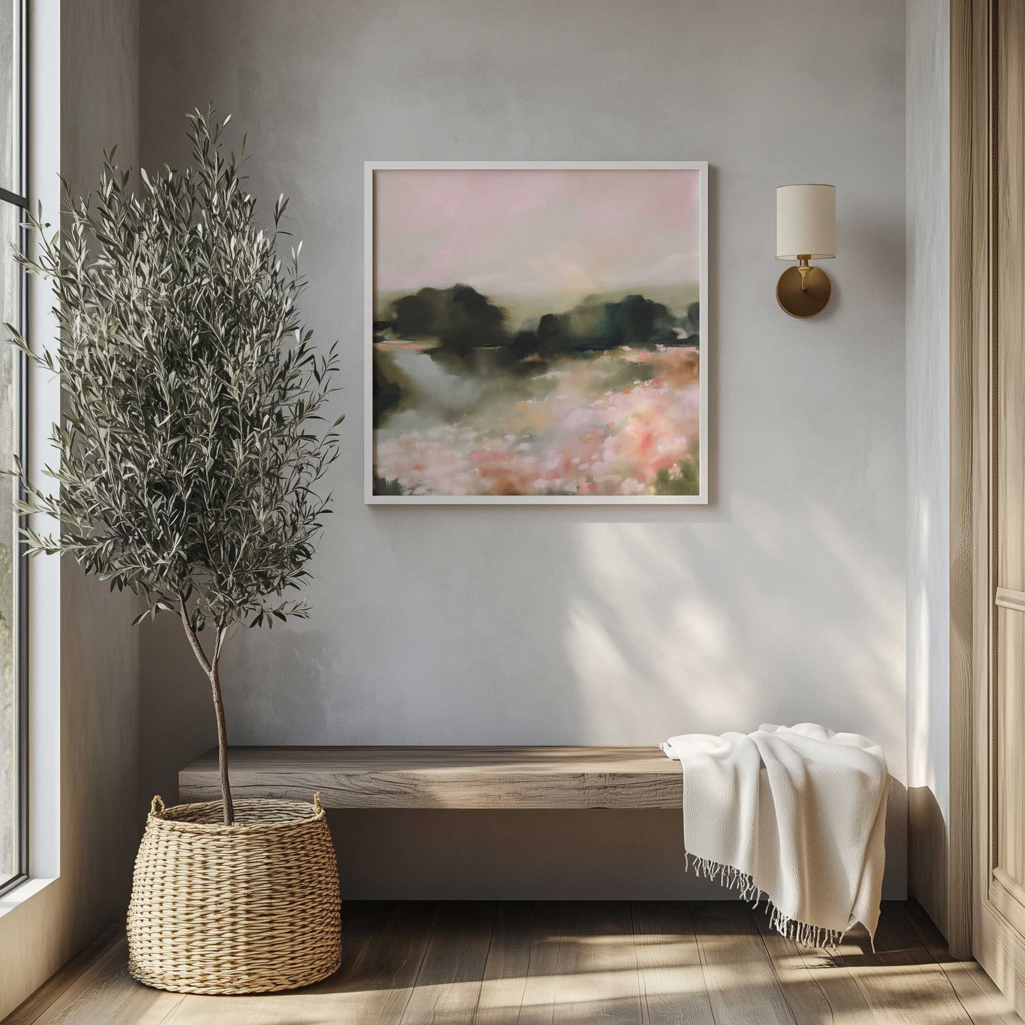 Blush Meadow haze print in a white frame hanging in an entryway