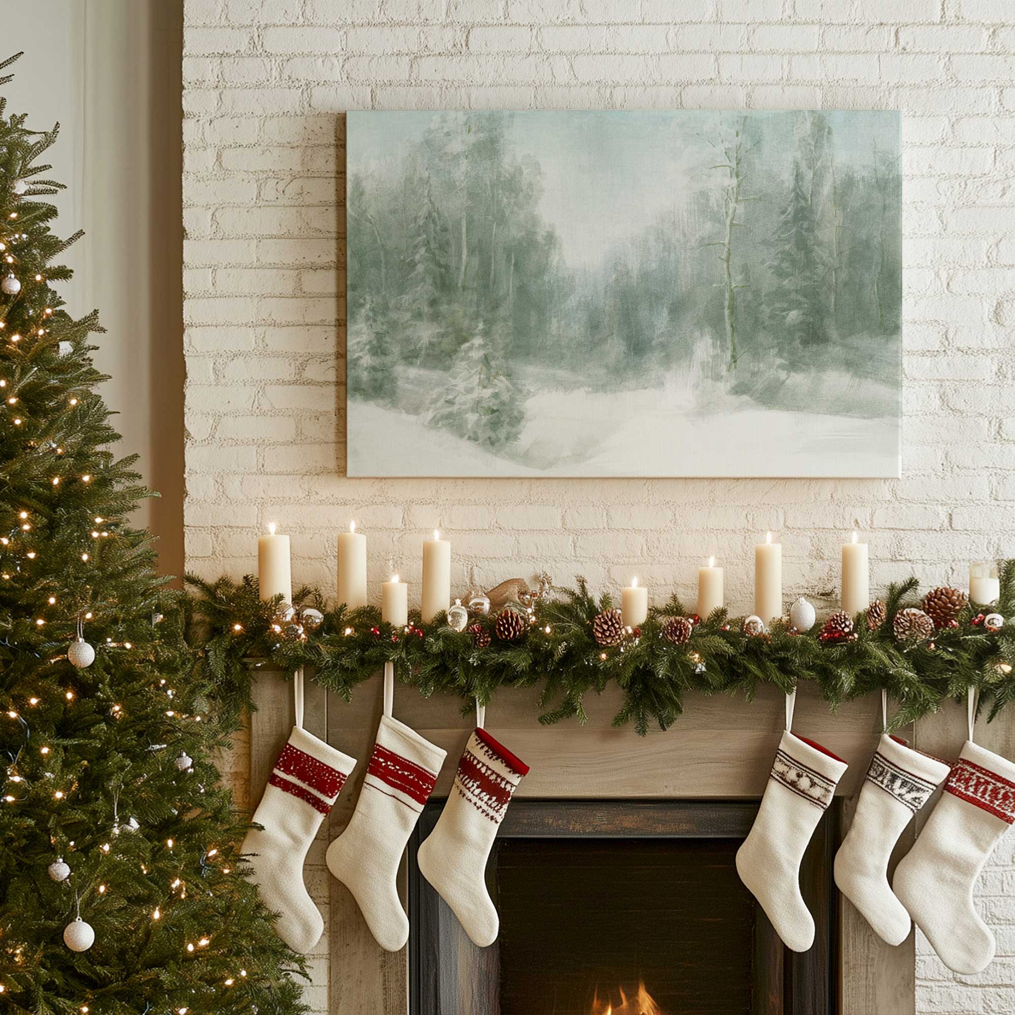 peaceful frosted forest print on canvas hanging above fireplace