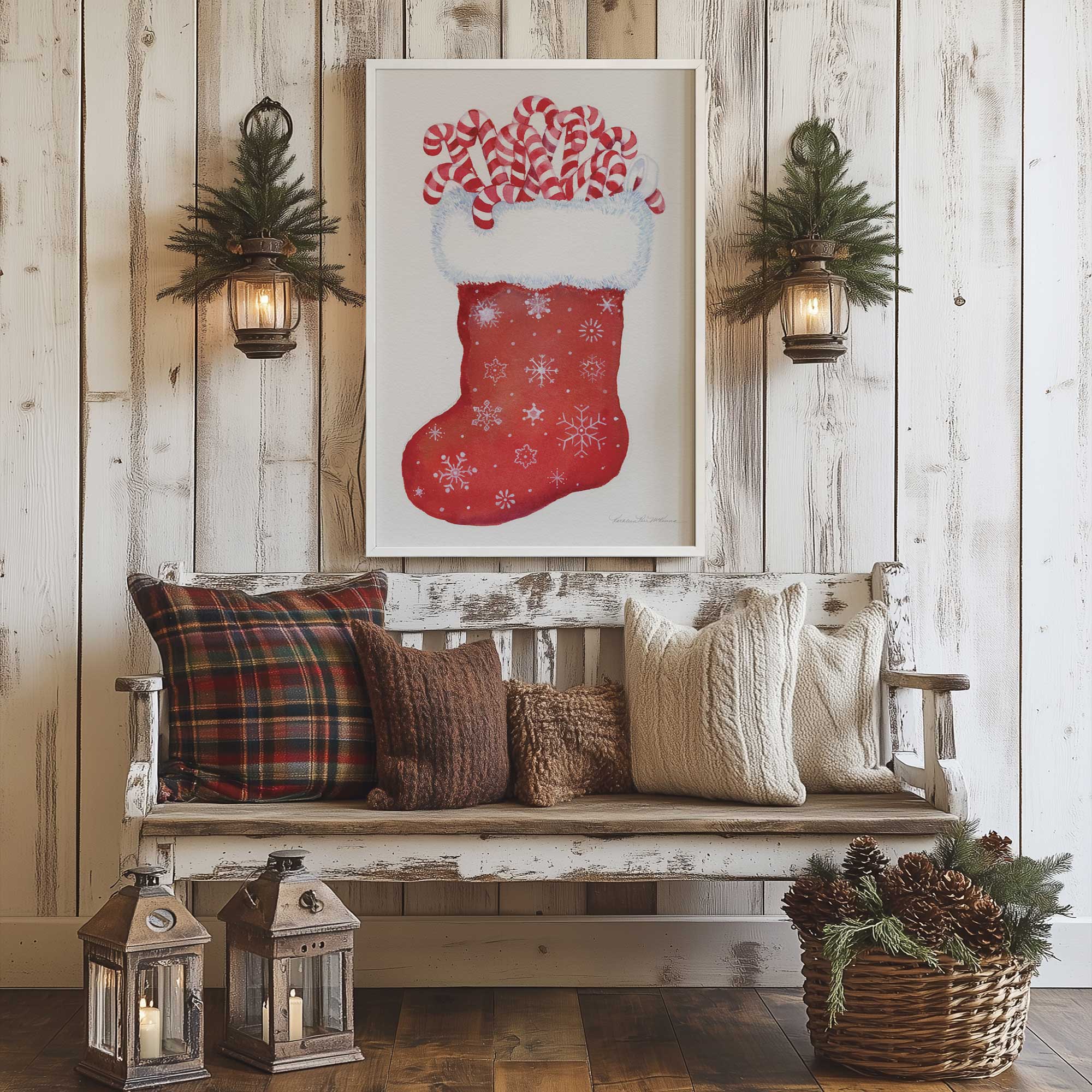 winter's candy keeper vintage stocking print hanging on wall