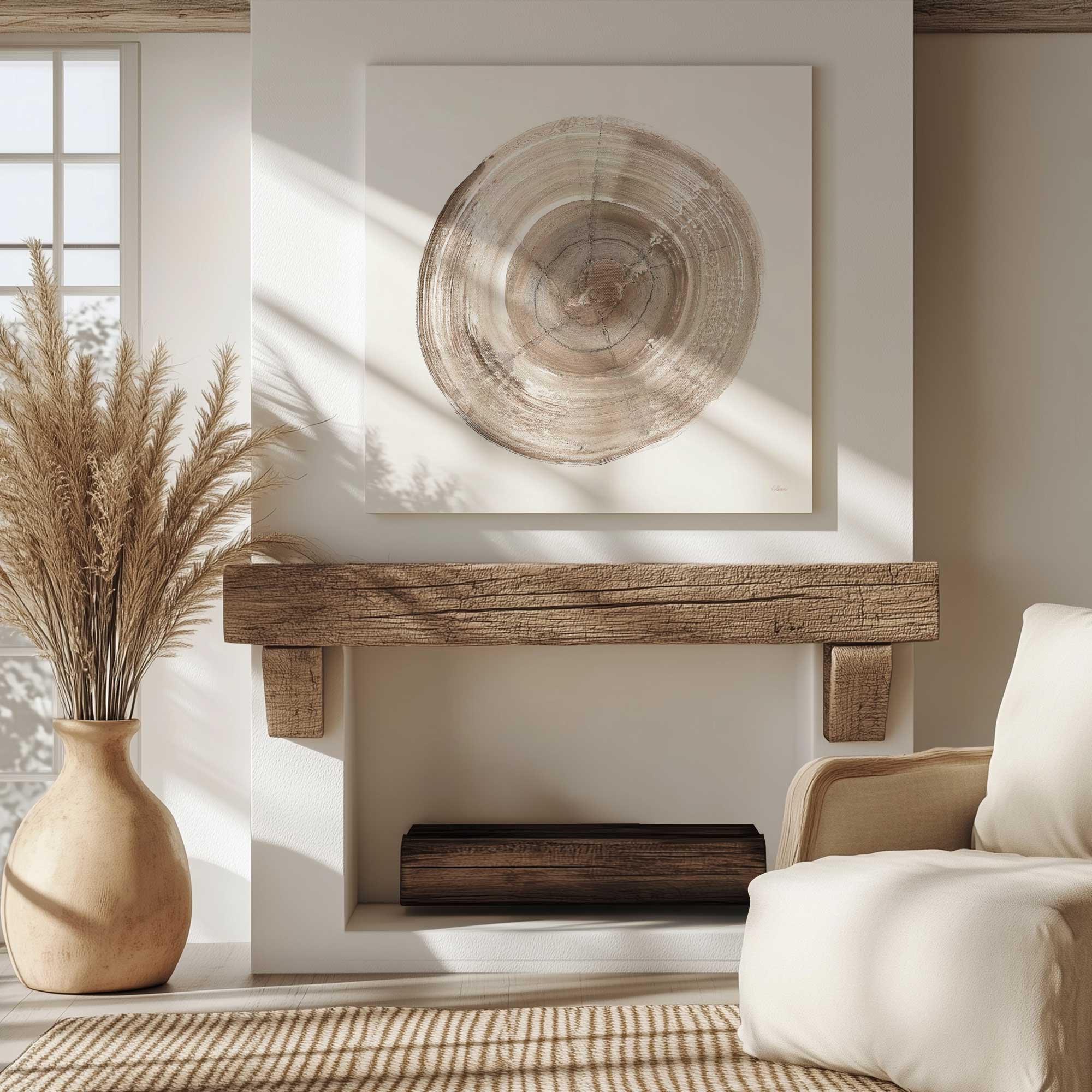 rings of time II print on canvas hanging in natural wood-toned living room