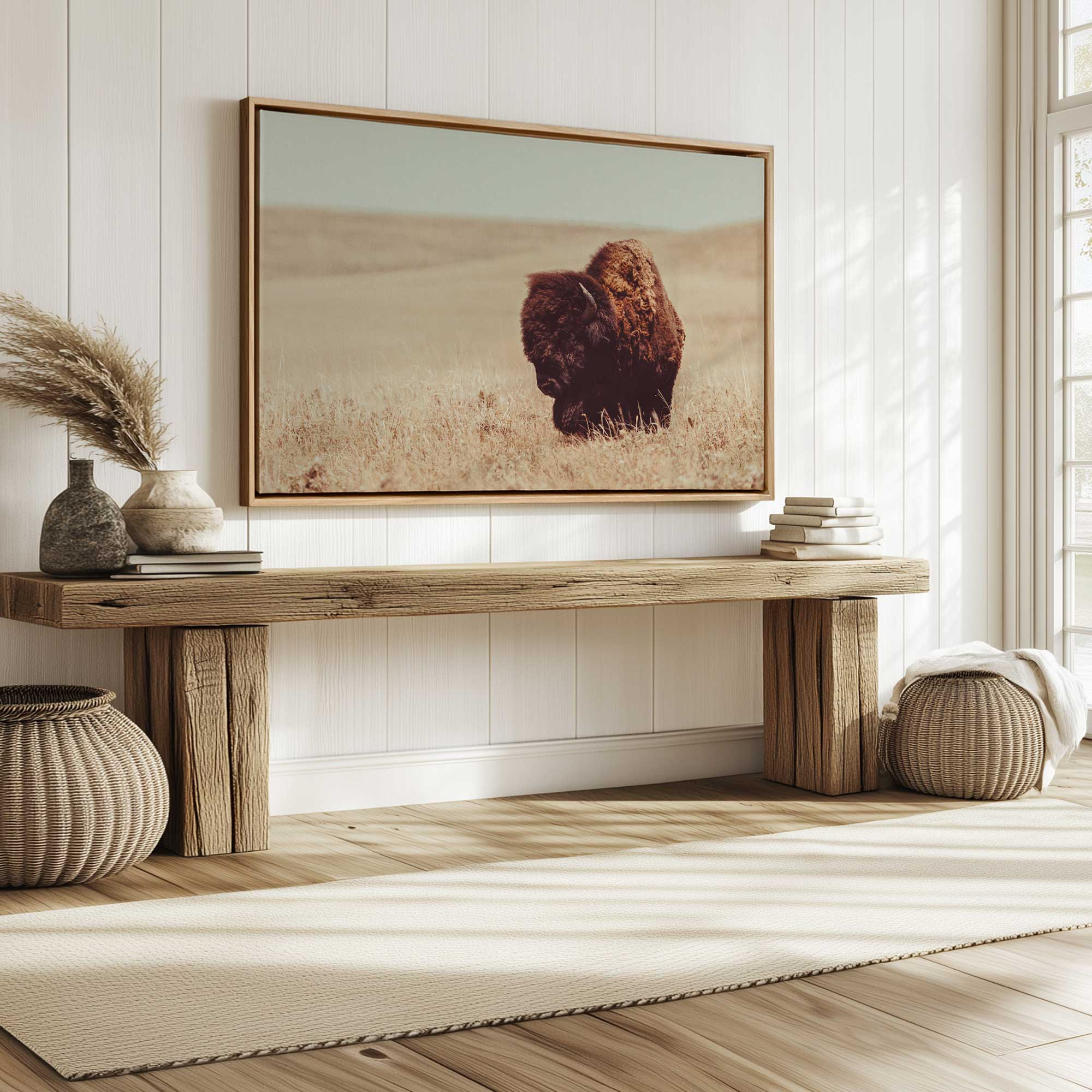 grazing Bison Serenity Print on framed canvas hanging in entryway