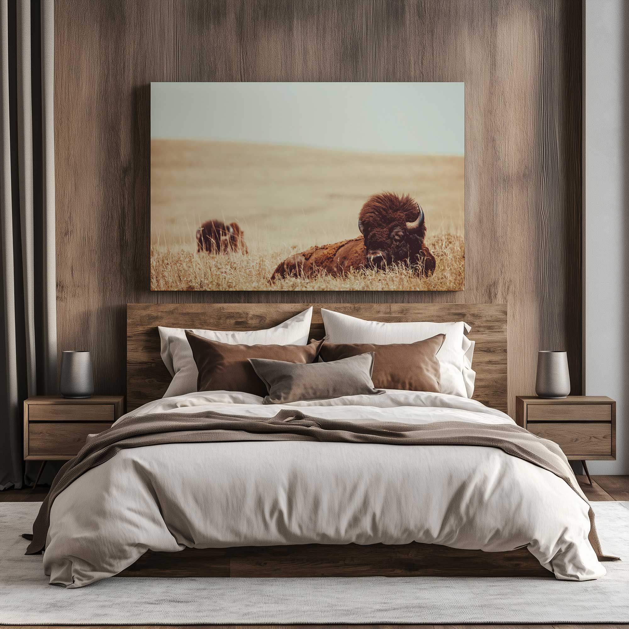 prairie giants resting print on canvas hanging above a bed