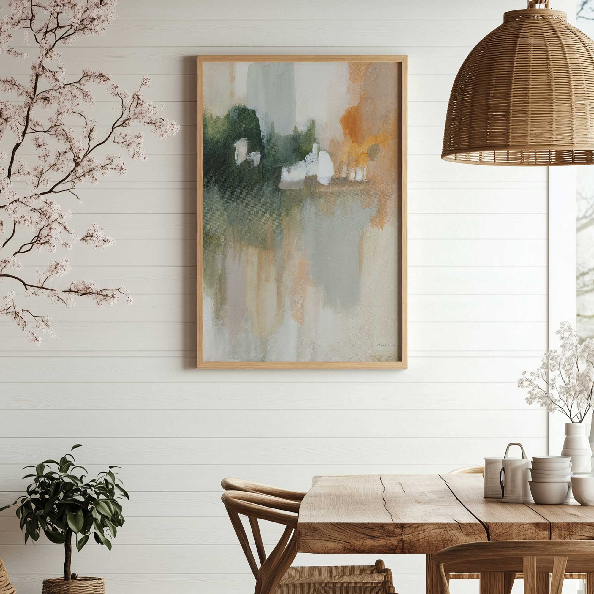 muted autumn reflections abstract print hanging in a farmhouse style dining room