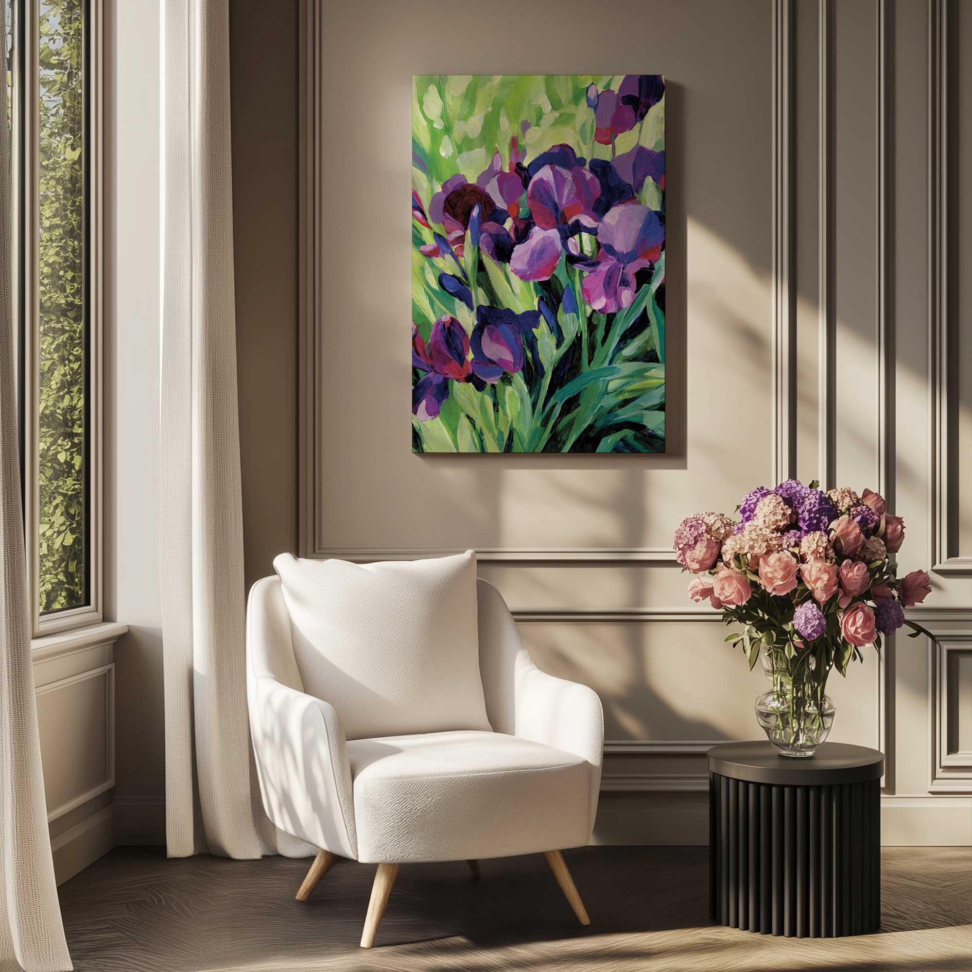 bold iris blooms print on canvas in a moody chic room