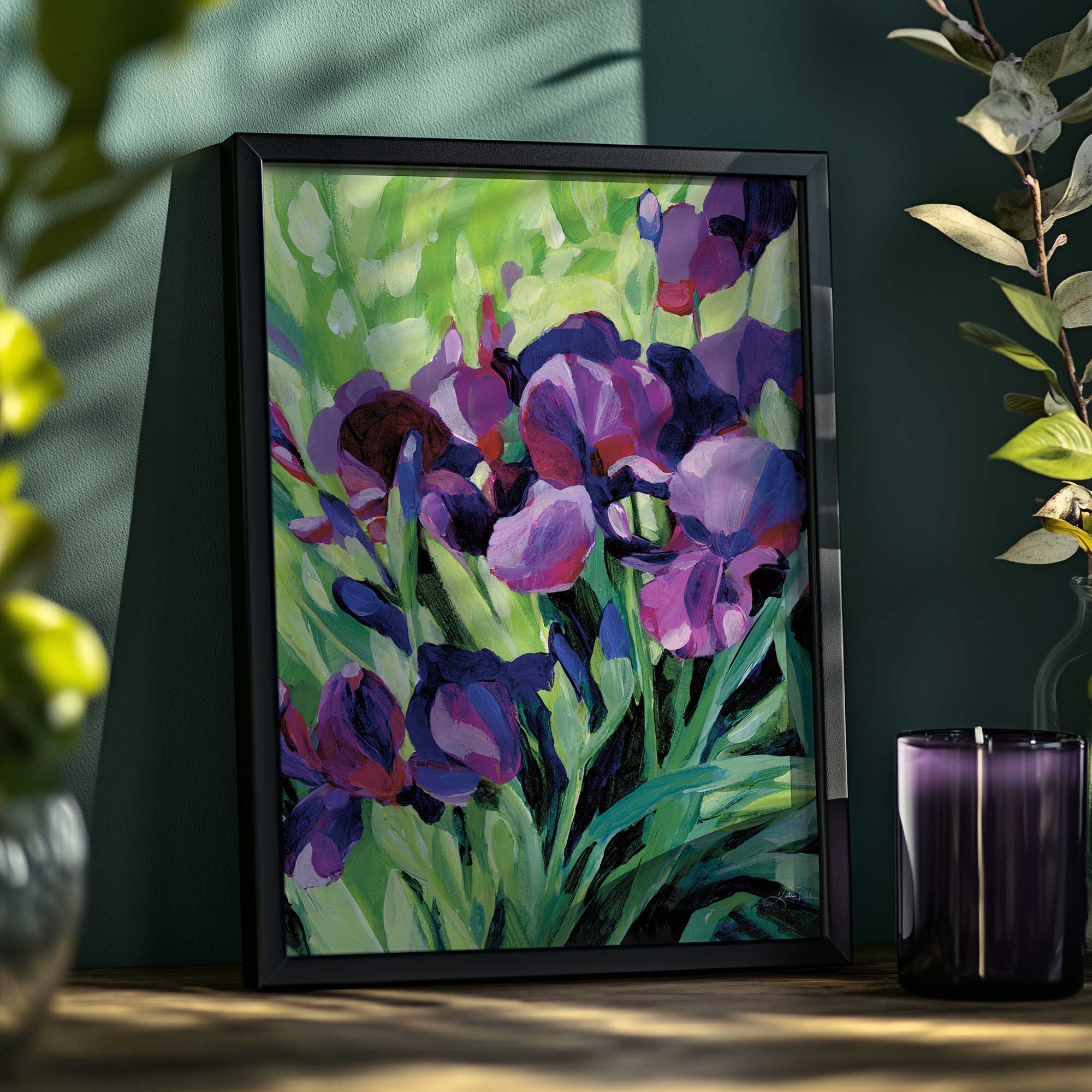 bold iris blooms print with rich jewel tone flowers on mantel