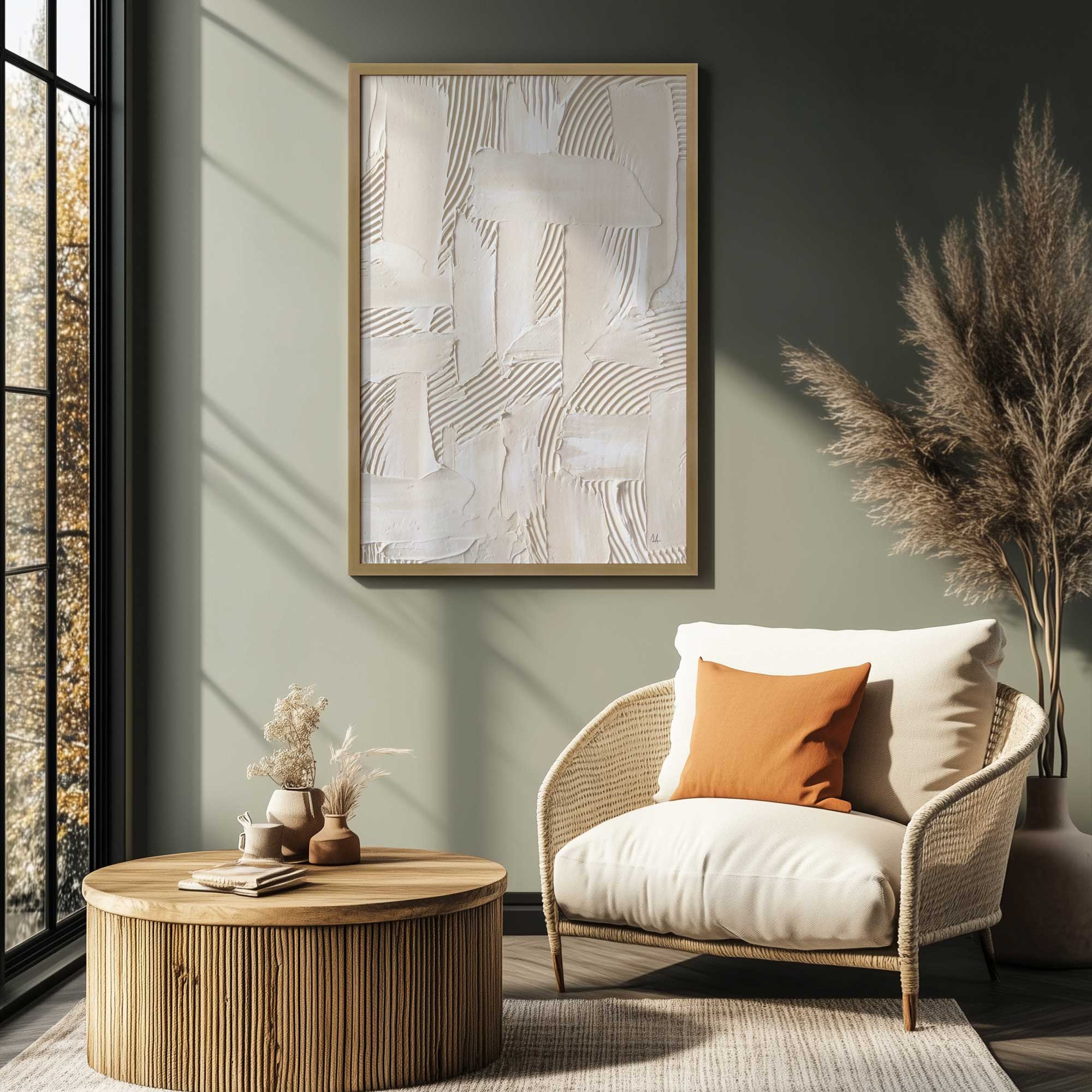 neutral brushstroke harmony abstract print hanging in green living room