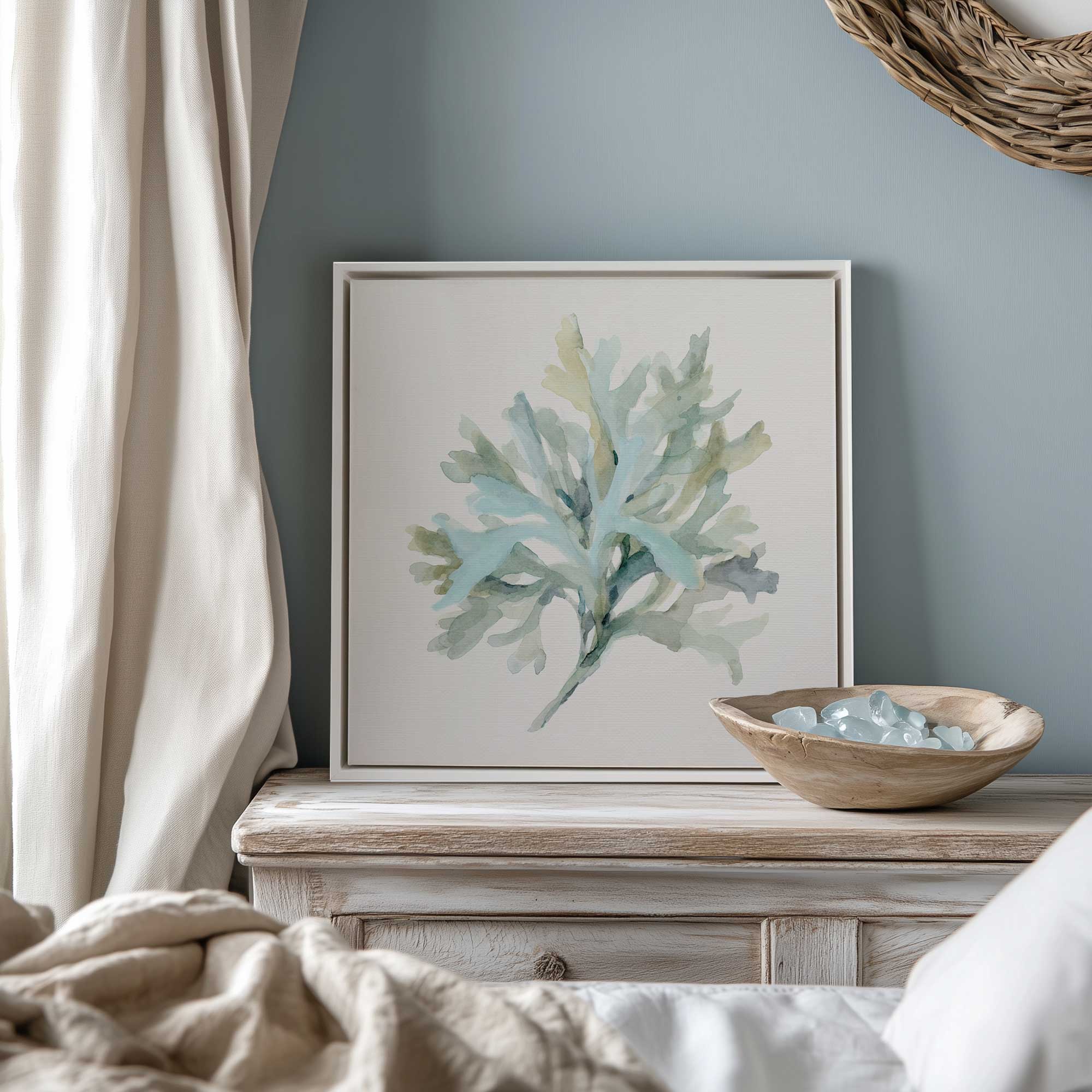Coastal sagebrush whisper framed canvas print of coral in a coastal bedroom