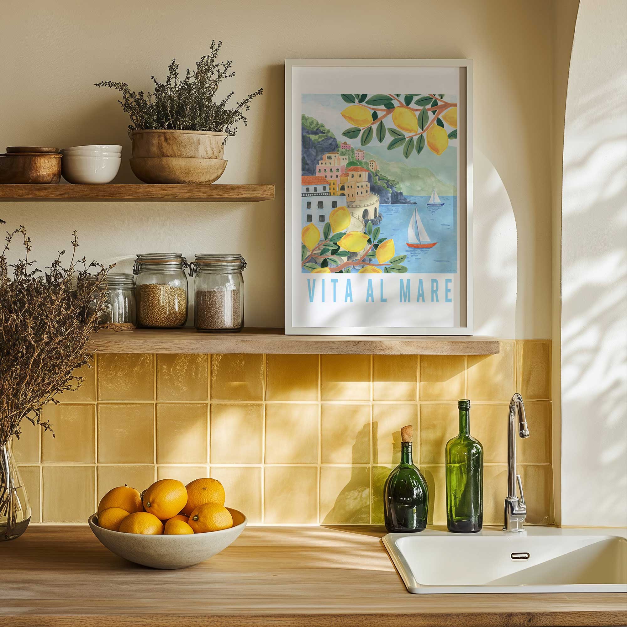 lemon coast serenity European travel poster print on a shelf in the kitchen