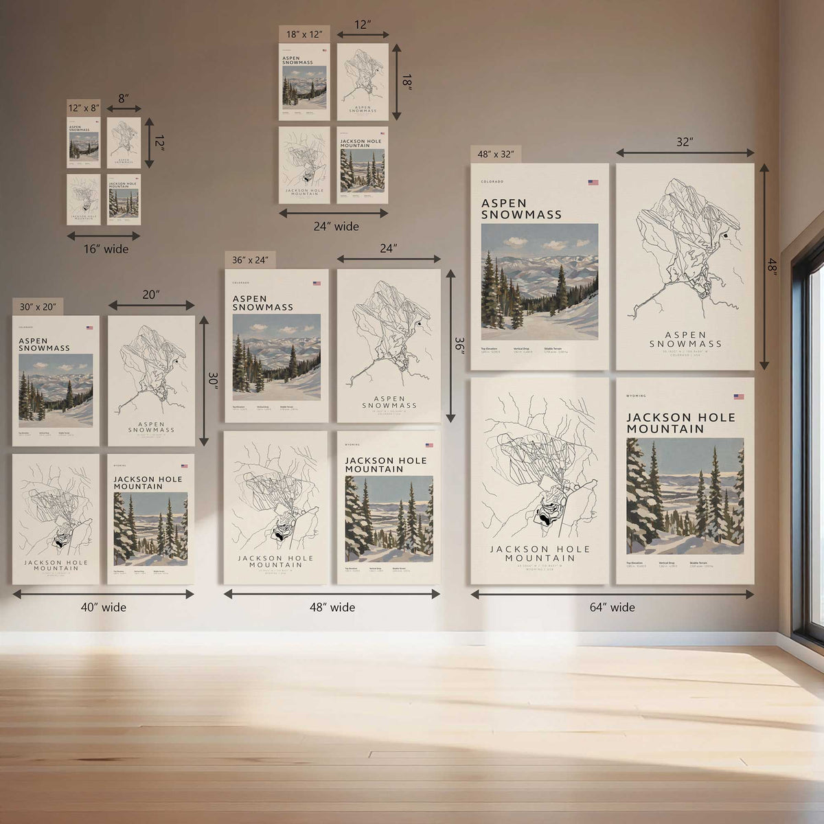 Aspen Snowmass & Jackson Hole Mountain Resort II, Set of 4 Prints on Canvas