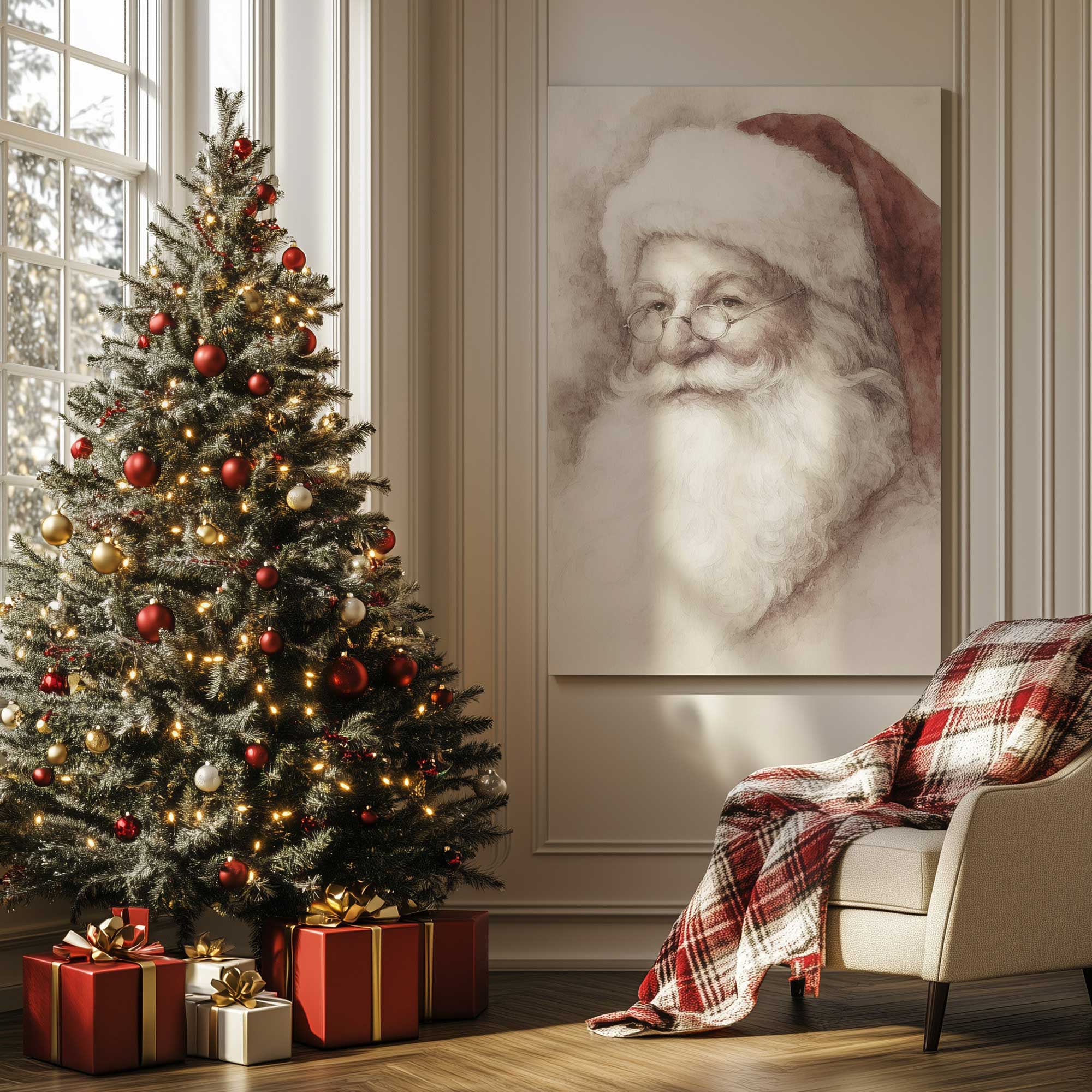 classic noel print on canvas next to Christmas tree