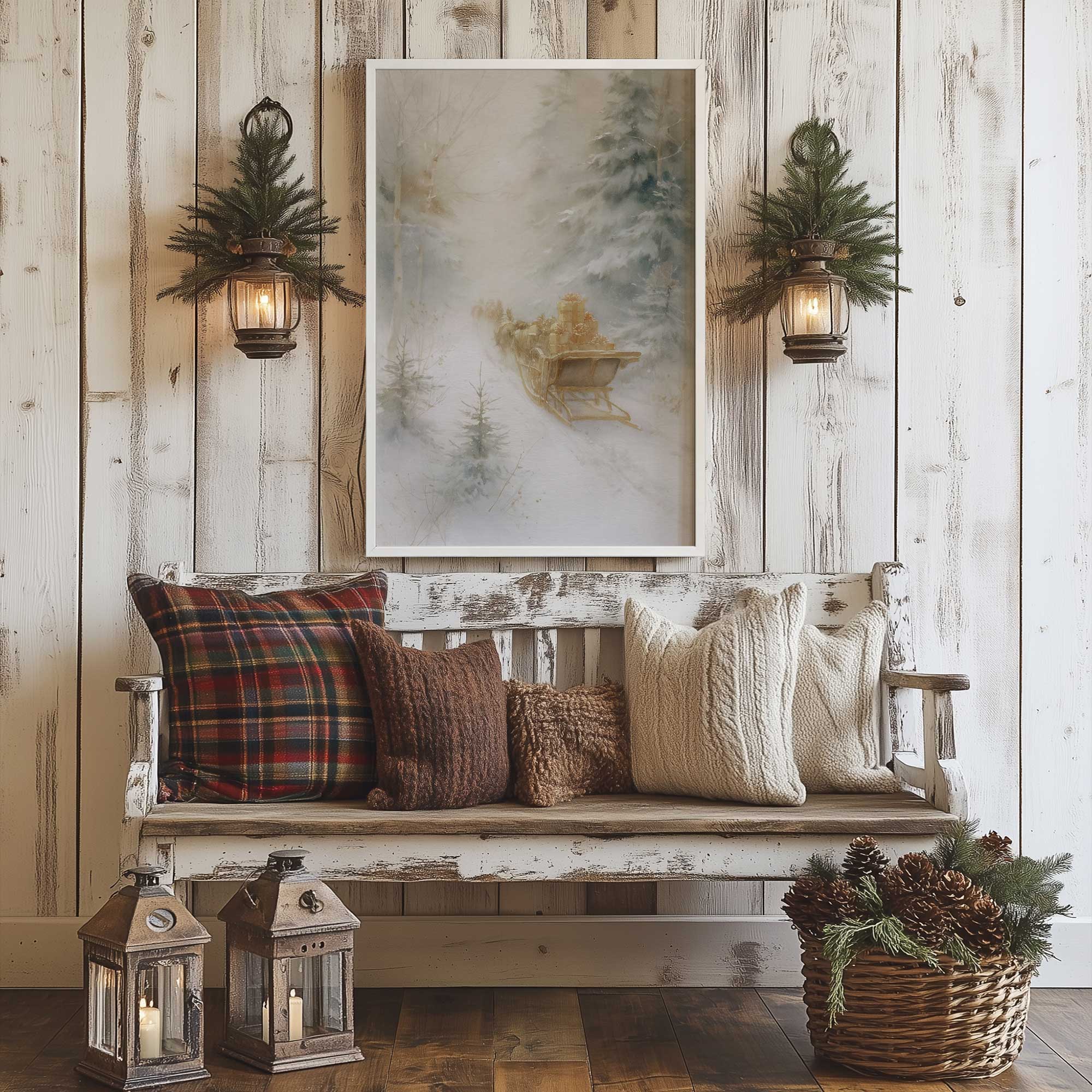 gifts of winter print hanging above a rustic bench