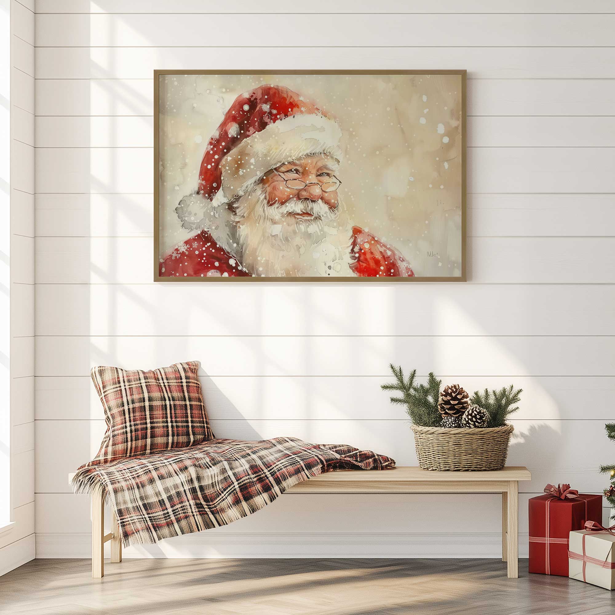 Merry Whispers print in a gold frame hanging in a bright entryway