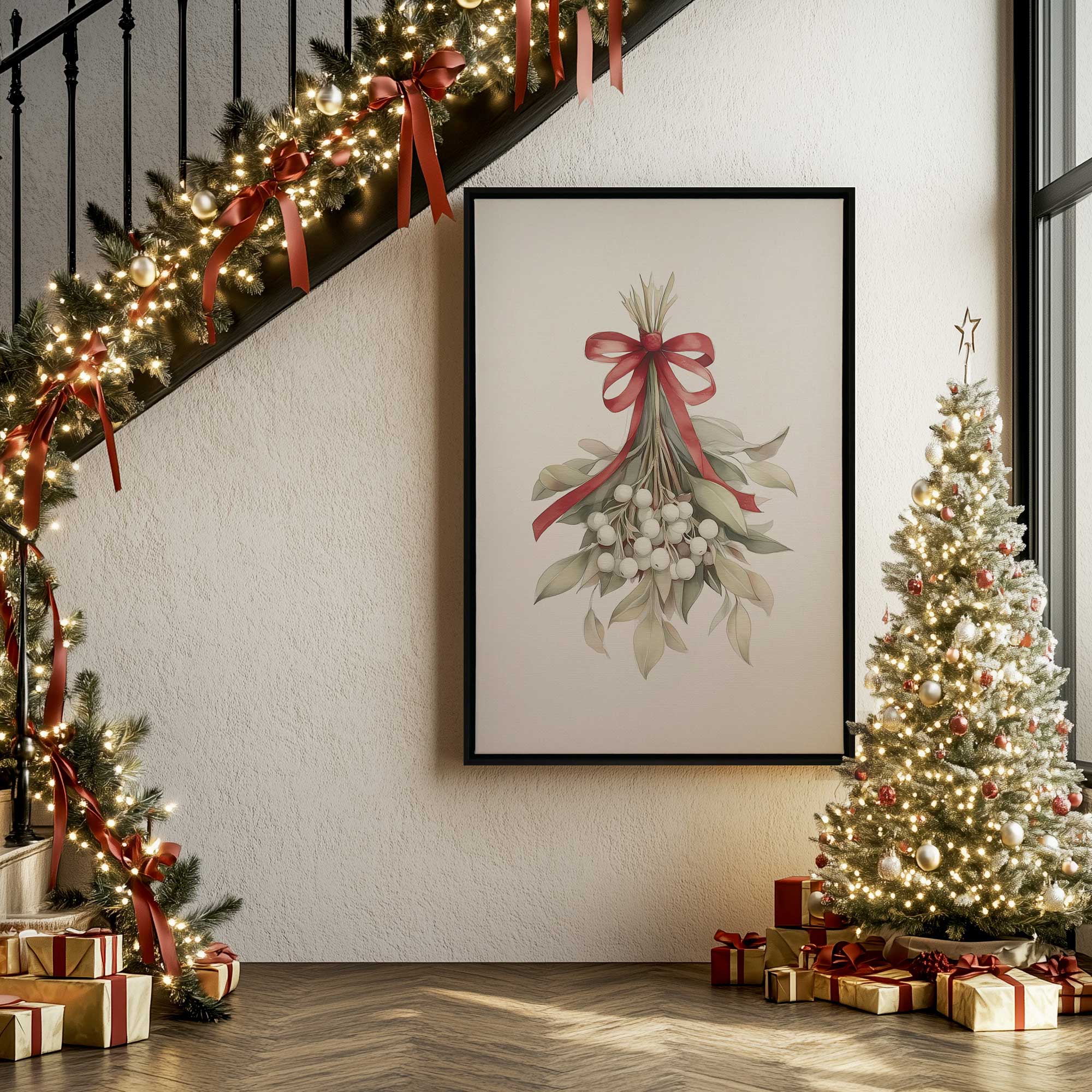 Mistletoe magic print on canvas hanging by a staircase decorated with evergreens