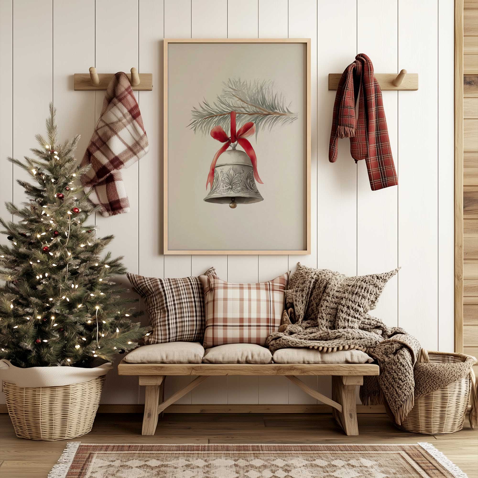silver bell noel print hanging above a bench in a ralph lauren christmas styled entryway