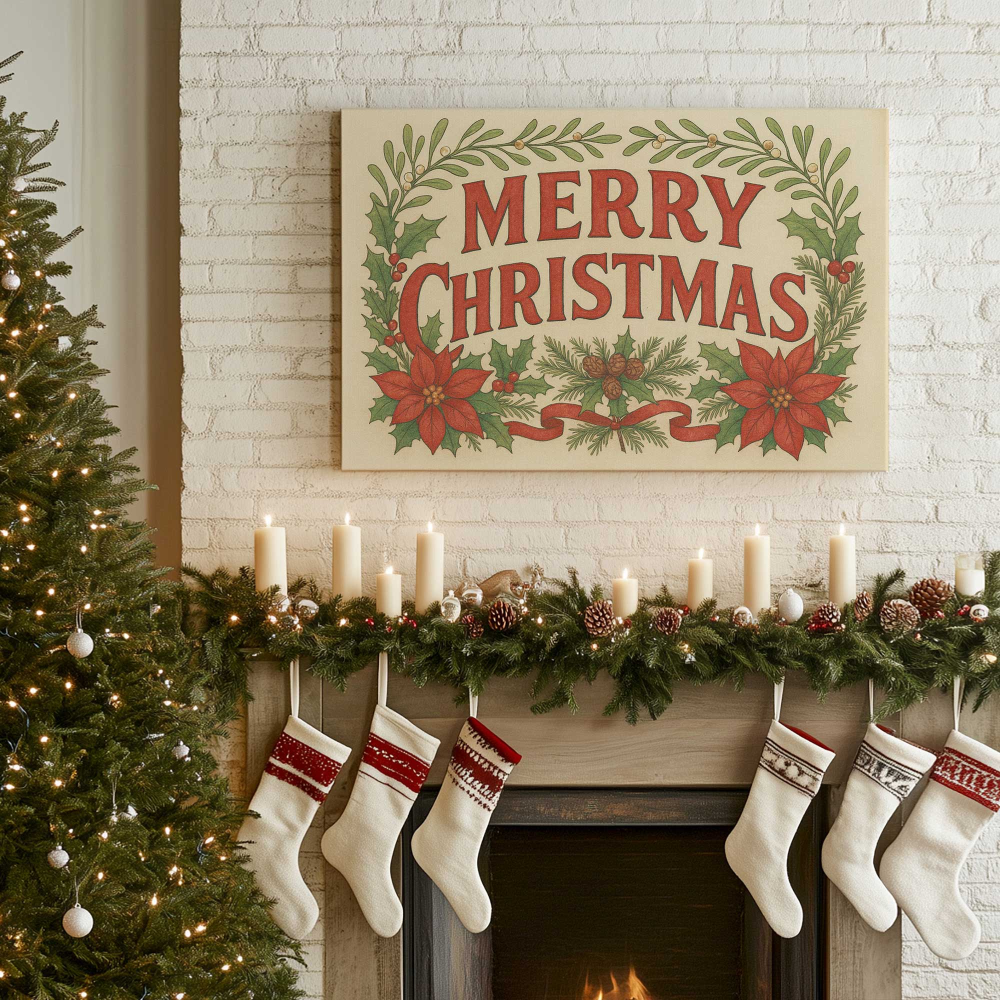 vintage holiday greetings print on canvas hanging above a mantel