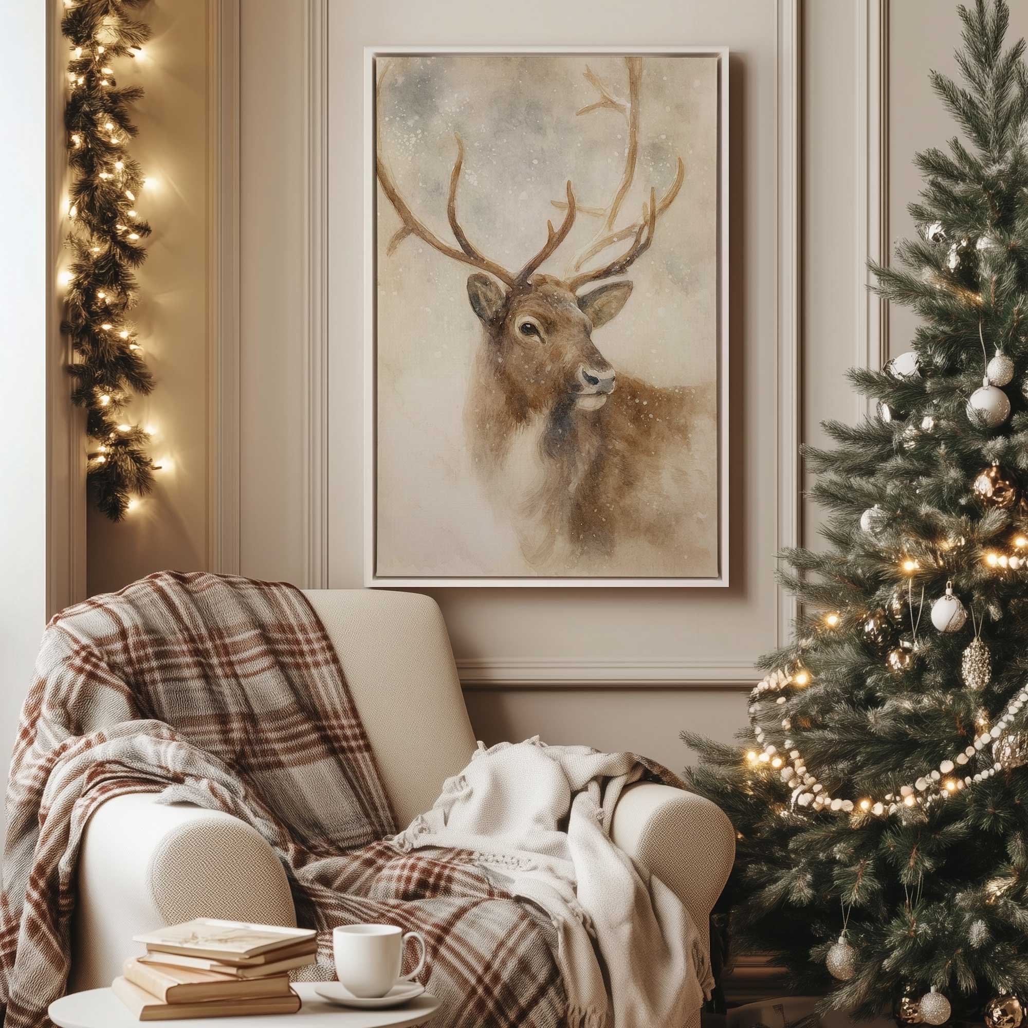 winter majesty print on canvas hanging next to Christmas tree