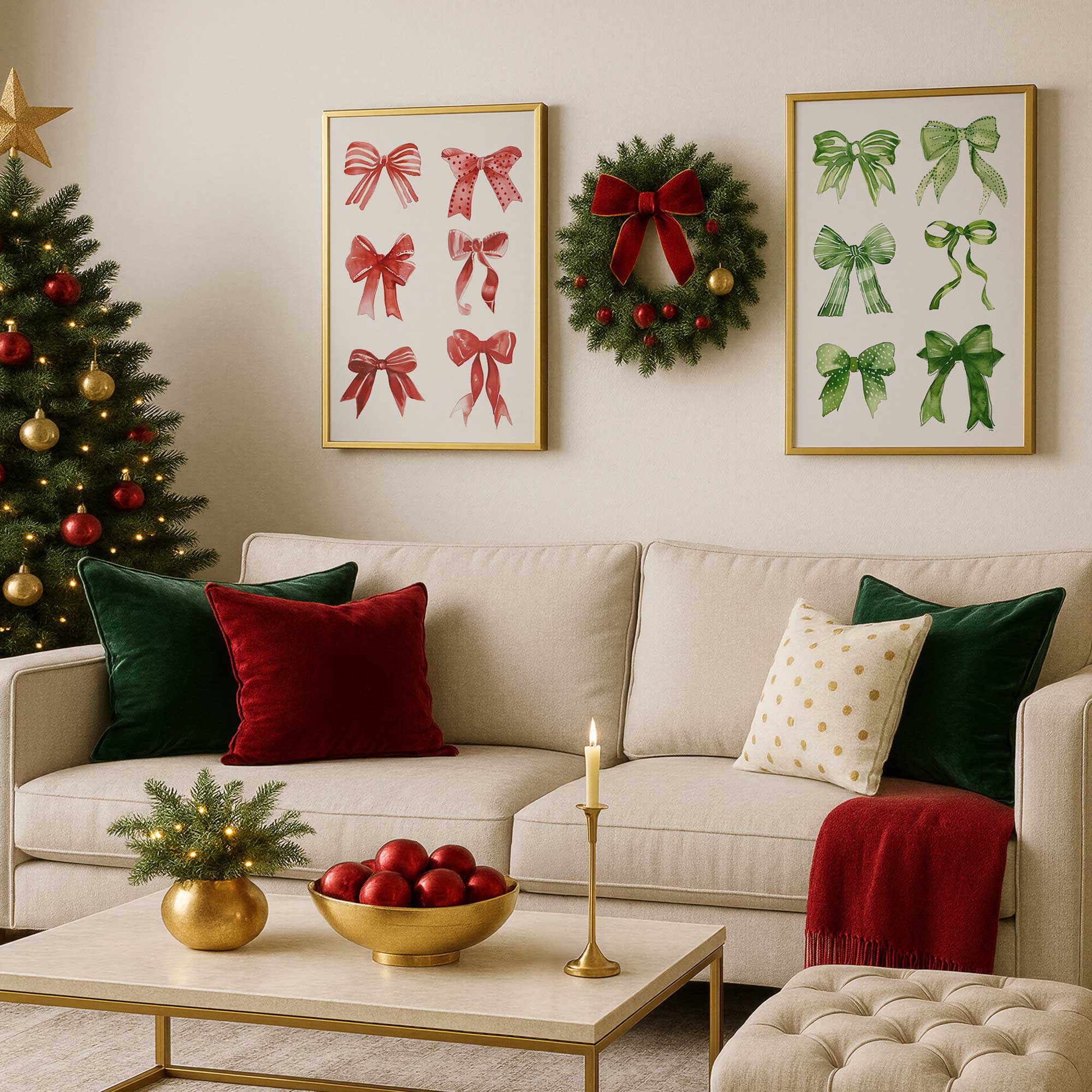 Merry little bows set of 2 gold framed art prints hanging above a couch