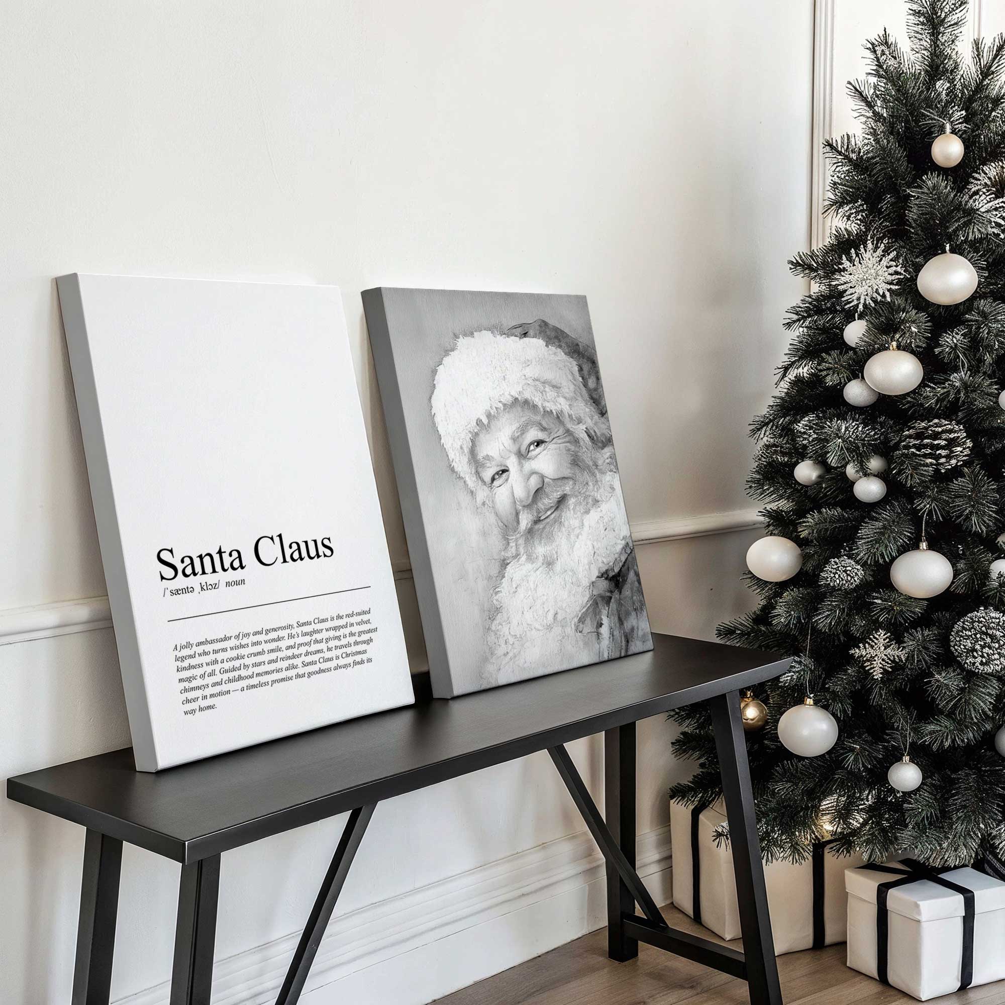 Old Saint Edition set of 2 black and white canvas prints leaning on a console table