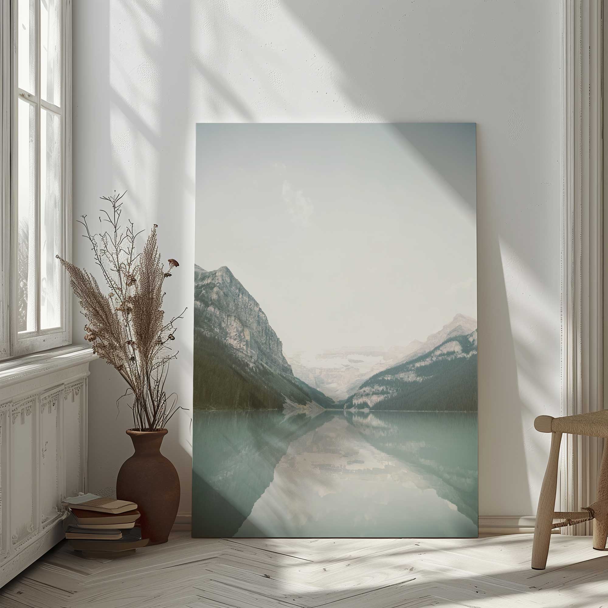 calm reflections print on stretched canvas leaning against the wall