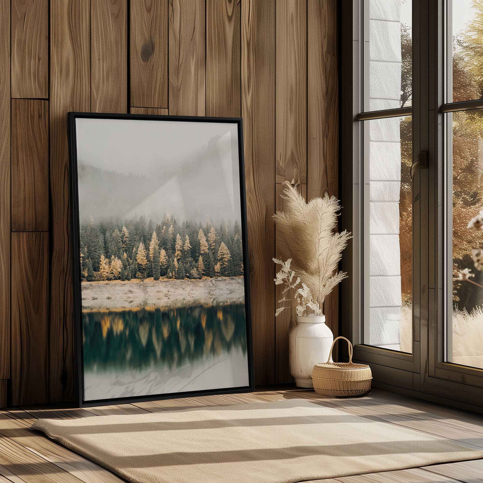 foggy forest reflection photography art print leaning against wall