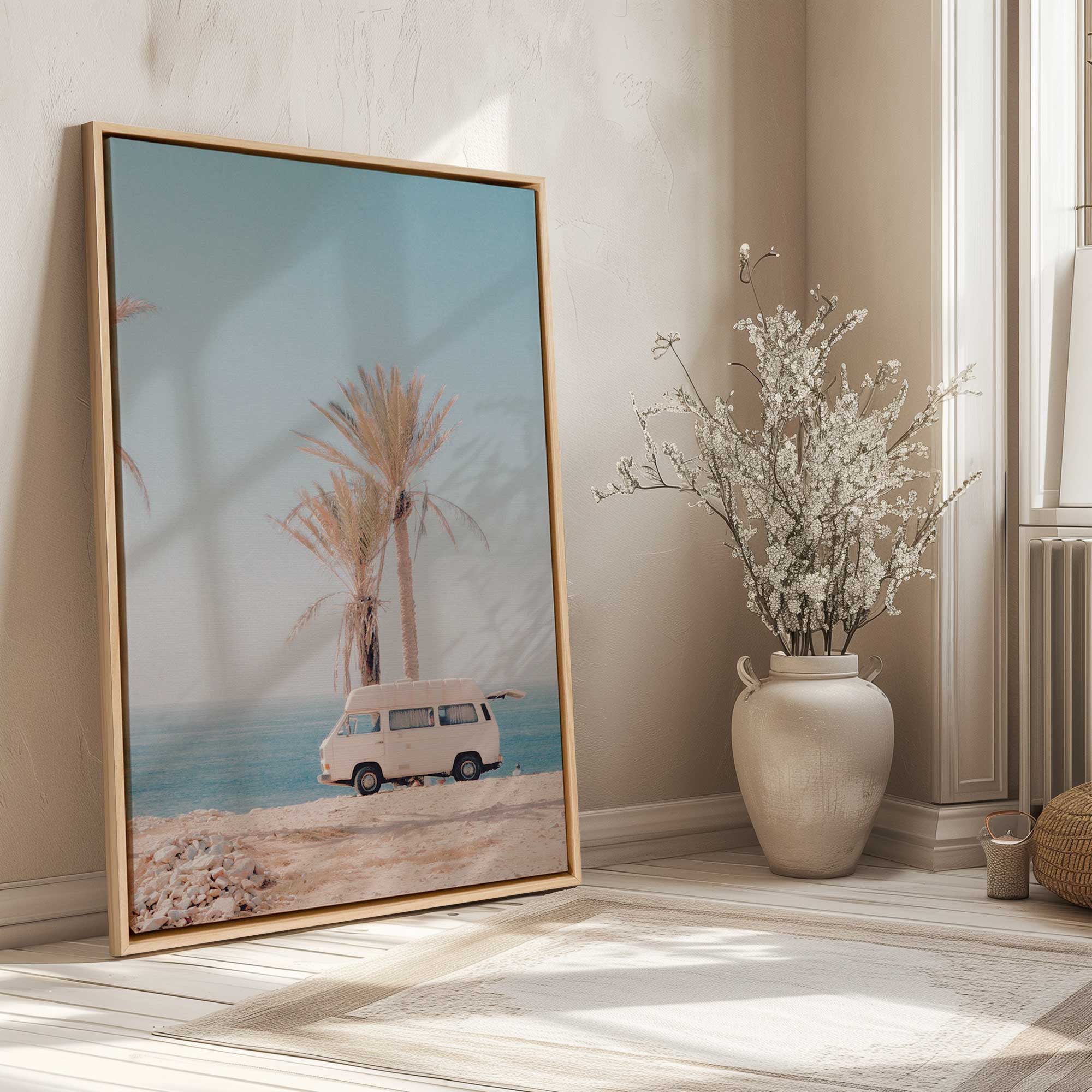 Timeless tropical escape print on canvas in a maple floater frame