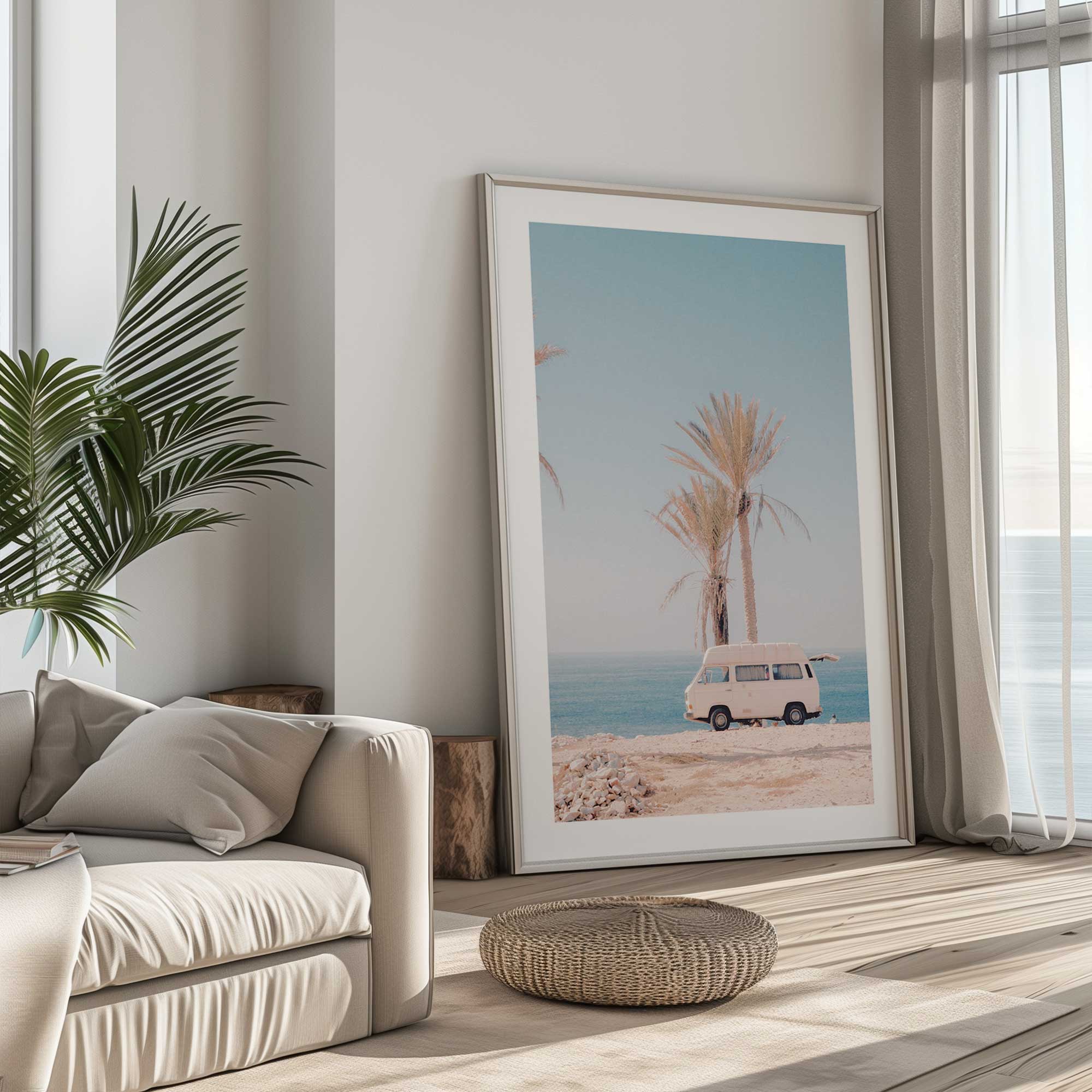 Timeless tropical escape print leaning against wall