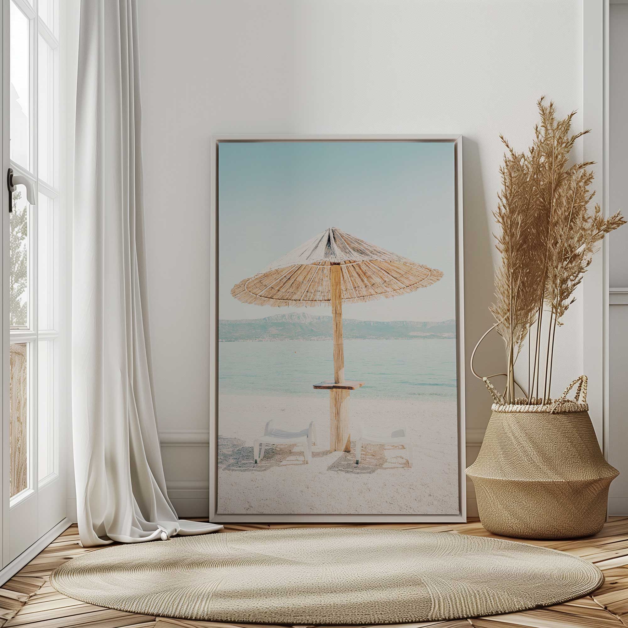 Beach Day Escape Print on canvas leaning against wall in a white floater frame