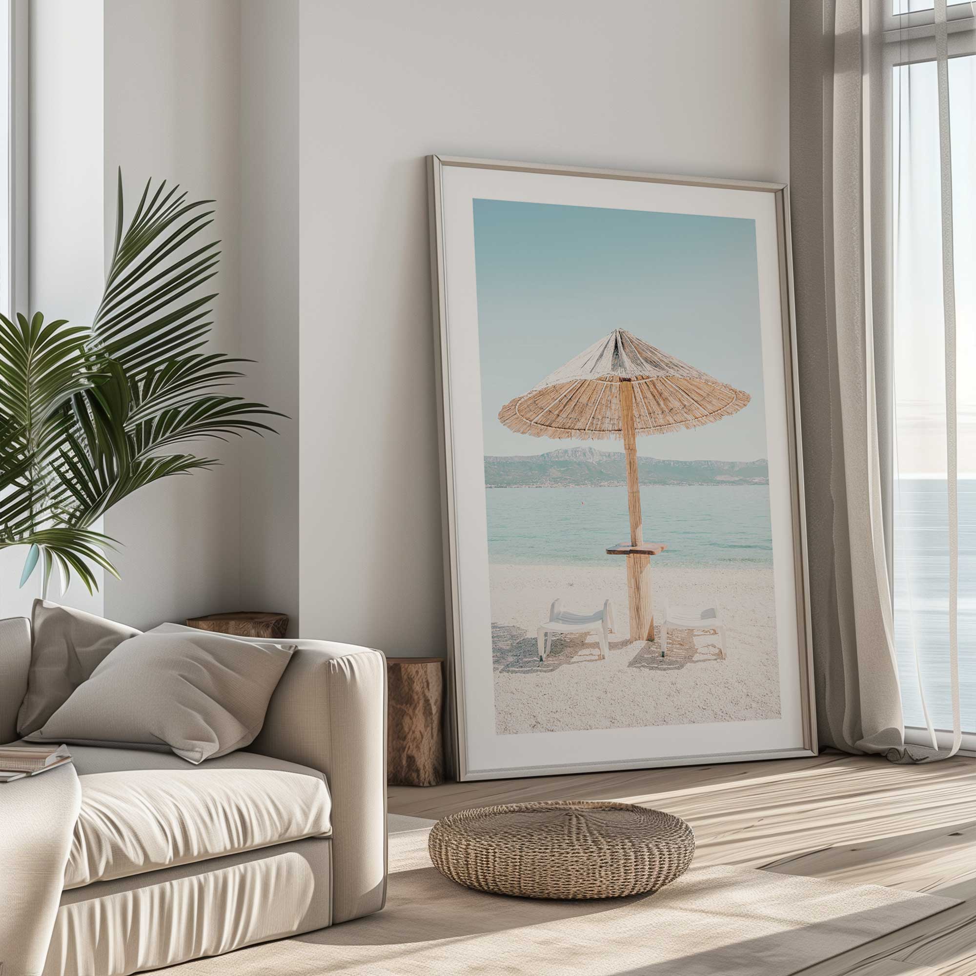 beach day escape print in silver frame on the floor