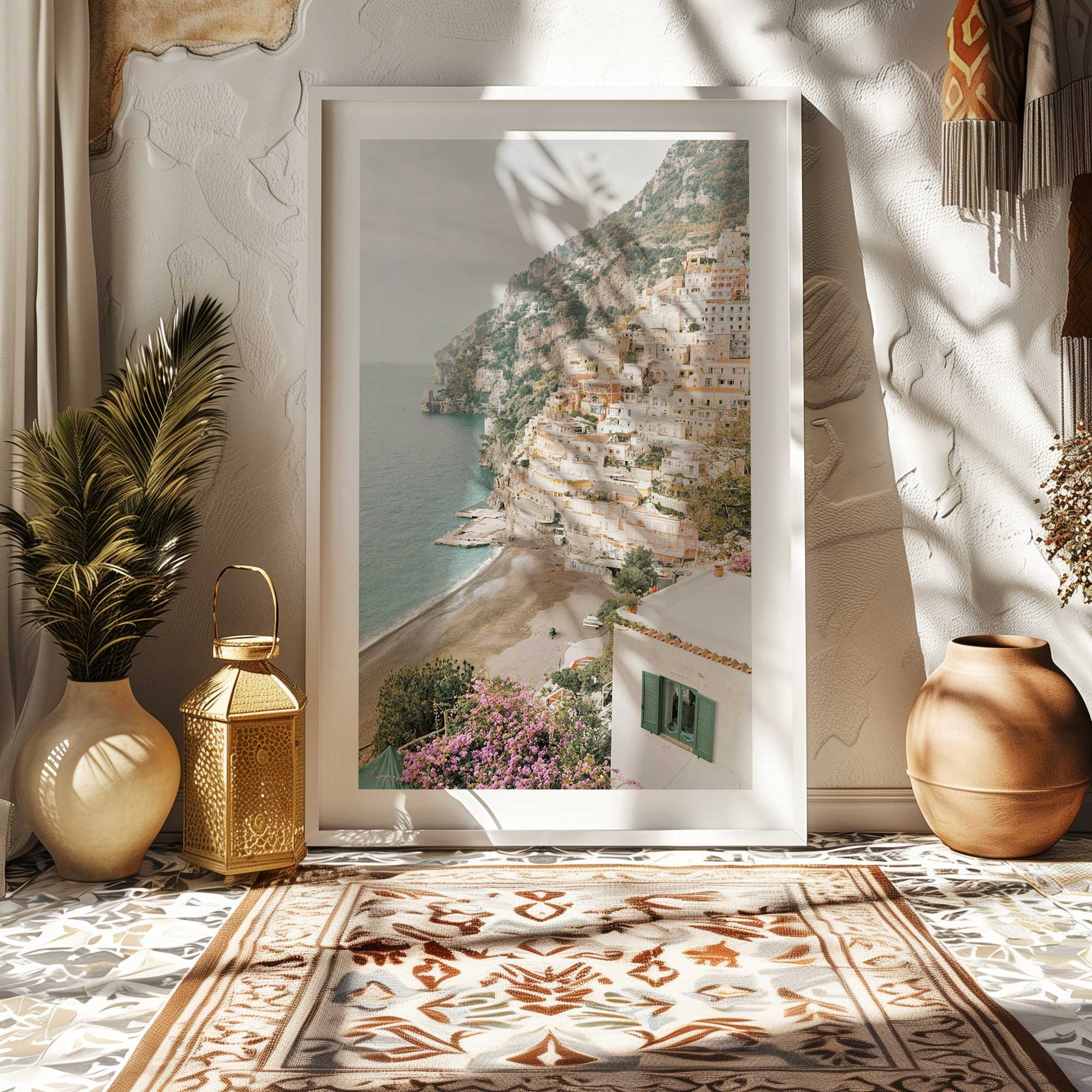 seaside heights print in a white frame leaning against a wall over a terracotta and beige ruge