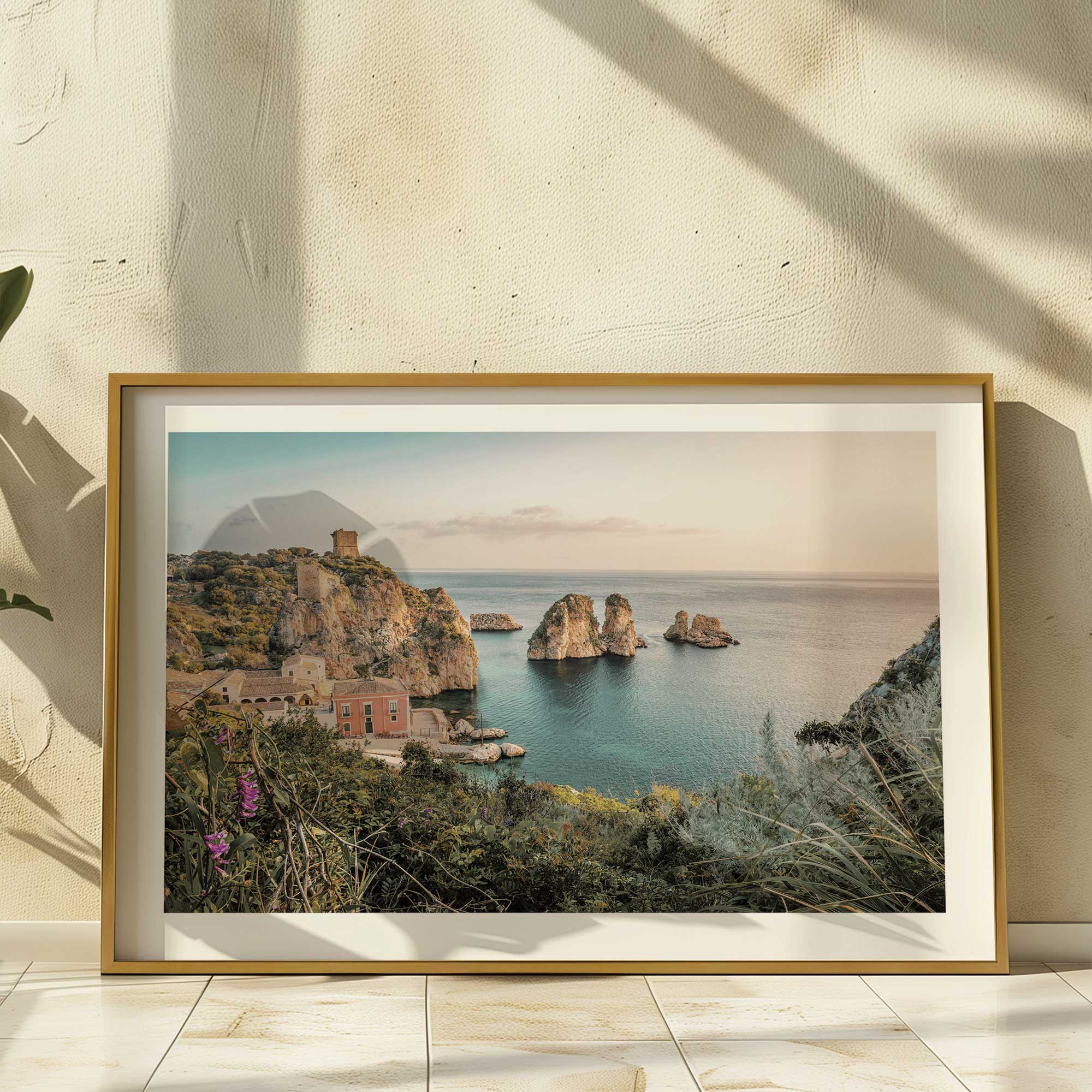 coastal grandeur print in a gold frame