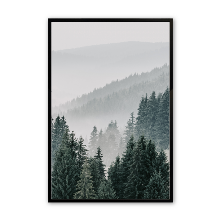 Enchanged peaks print in a black frame