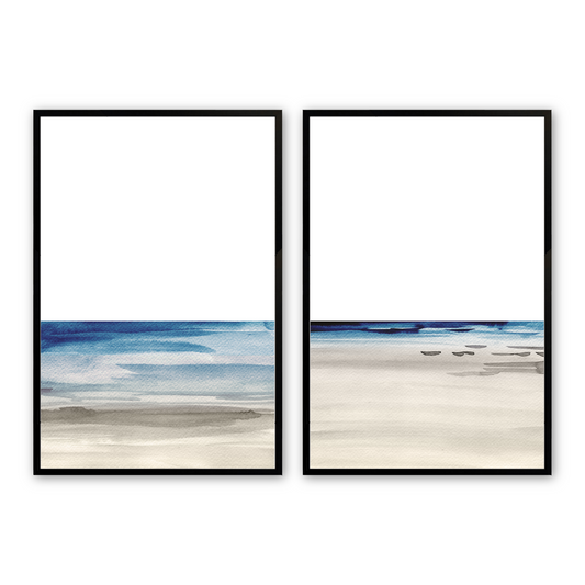 [color:Satin Black], Picture of the set of 2 watercolor prints of the seaside in a black frame