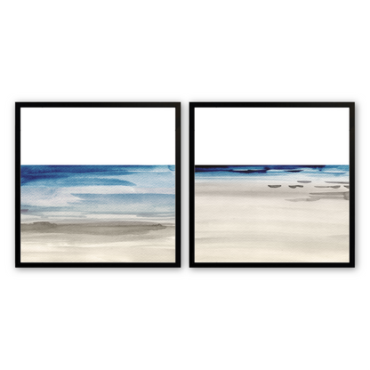 [color:Satin Black], Picture of the set of 2 watercolor prints of the seaside in a black frame