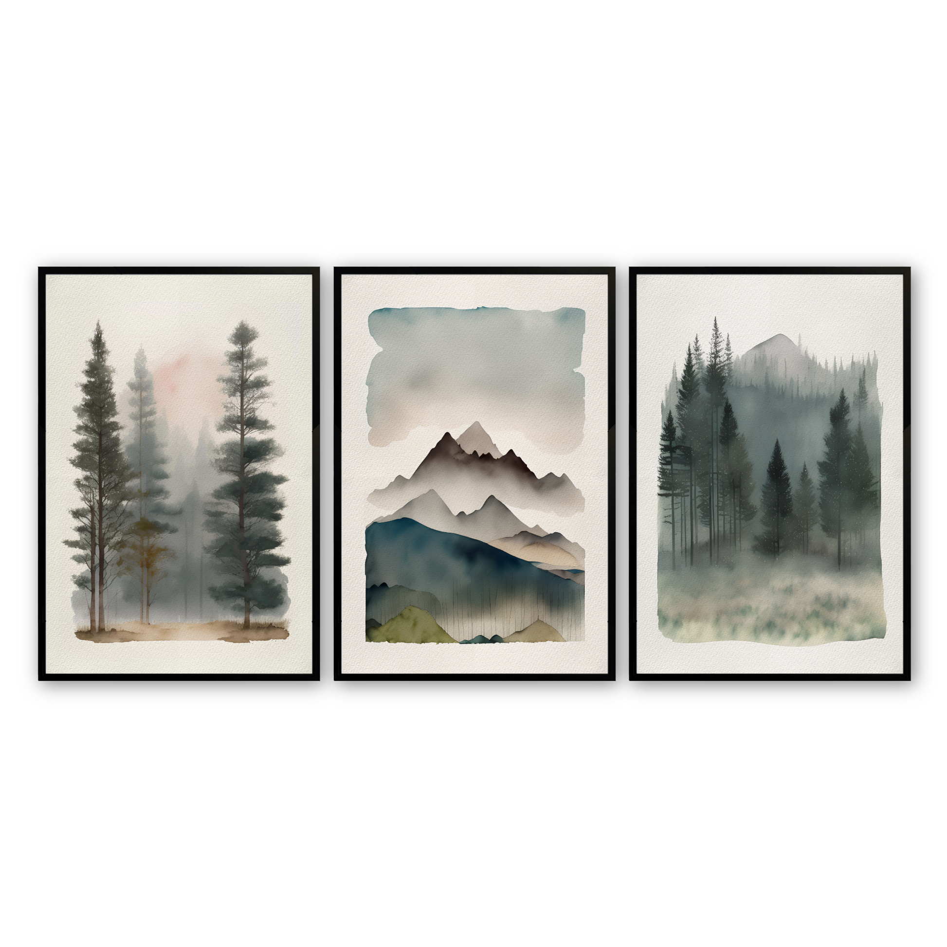 [color:Satin Black], Picture of the set of 3 watercolor prints of a forest mountainscape in a black frame