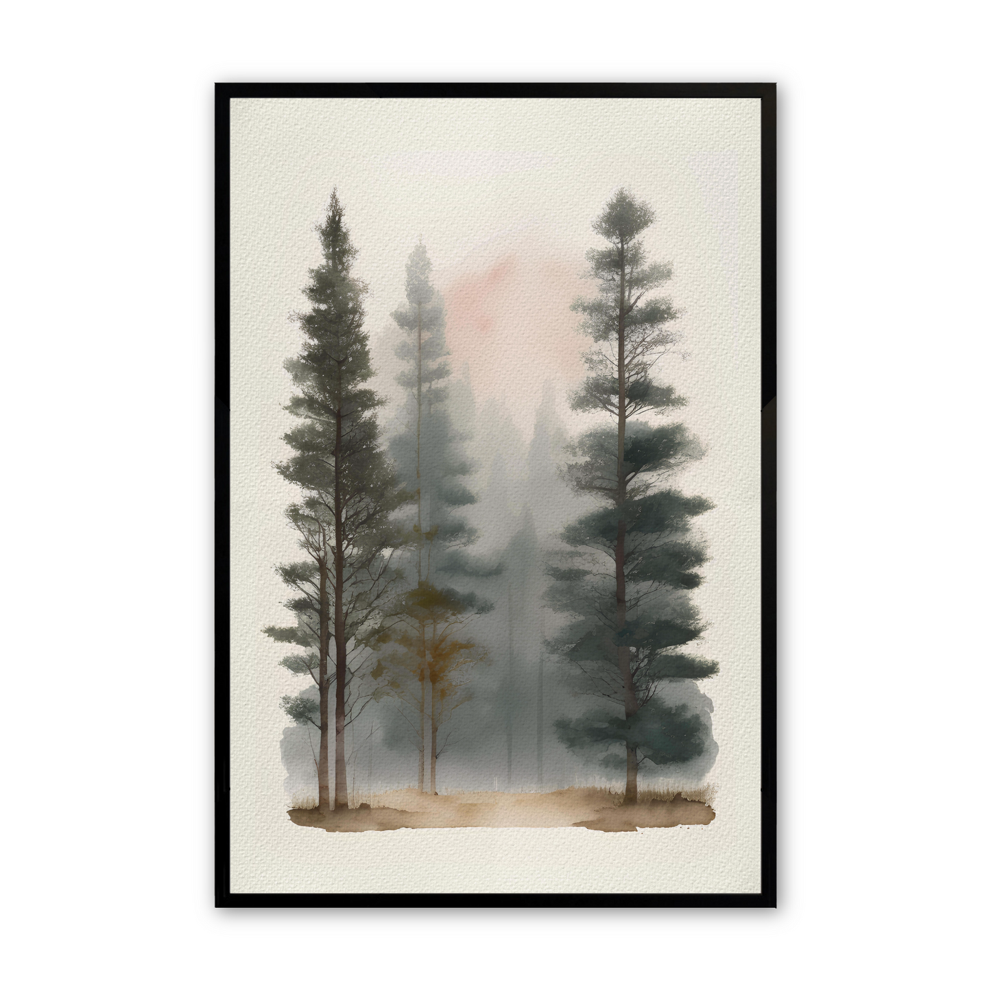 [color:Satin Black], Picture of the first of 3 watercolor prints of a forest mountainscape in a black frame