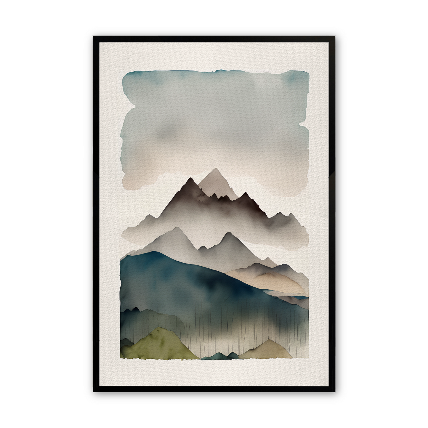 [color:Satin Black], Picture of the second of 3 watercolor prints of a forest mountainscape in a black frame