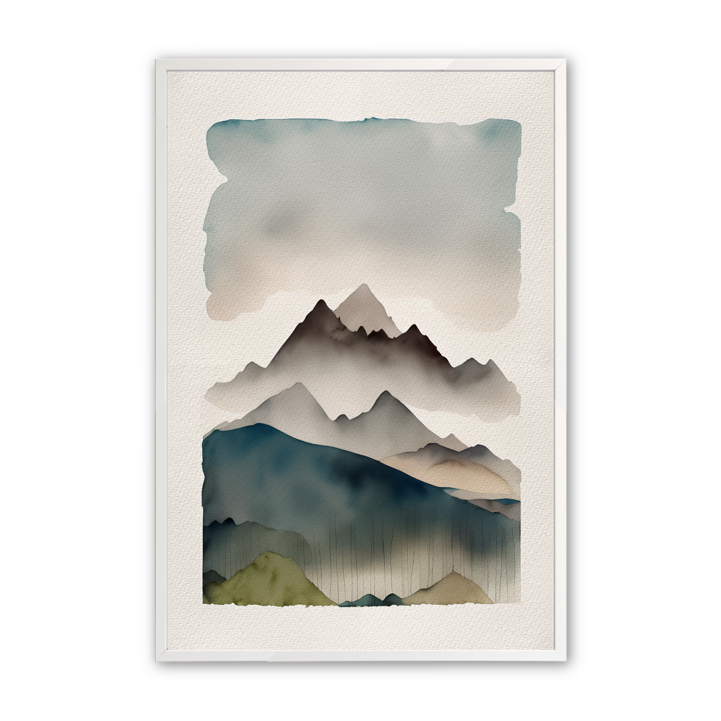 [color:Opaque White], Picture of the second of 3 watercolor prints of a forest mountainscape in a white frame