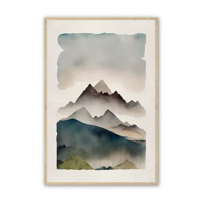 [color:Raw Maple], Picture of the second of 3 watercolor prints of a forest mountainscape in a raw maple frame