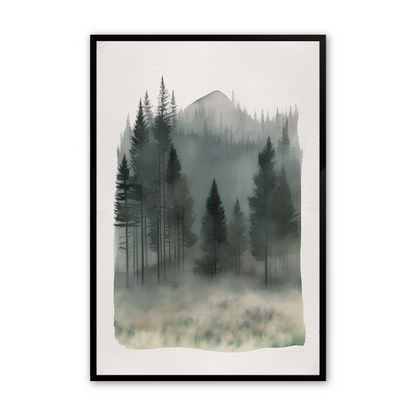 [color:Satin Black], Picture of the third of 3 watercolor prints of a forest mountainscape in a black frame