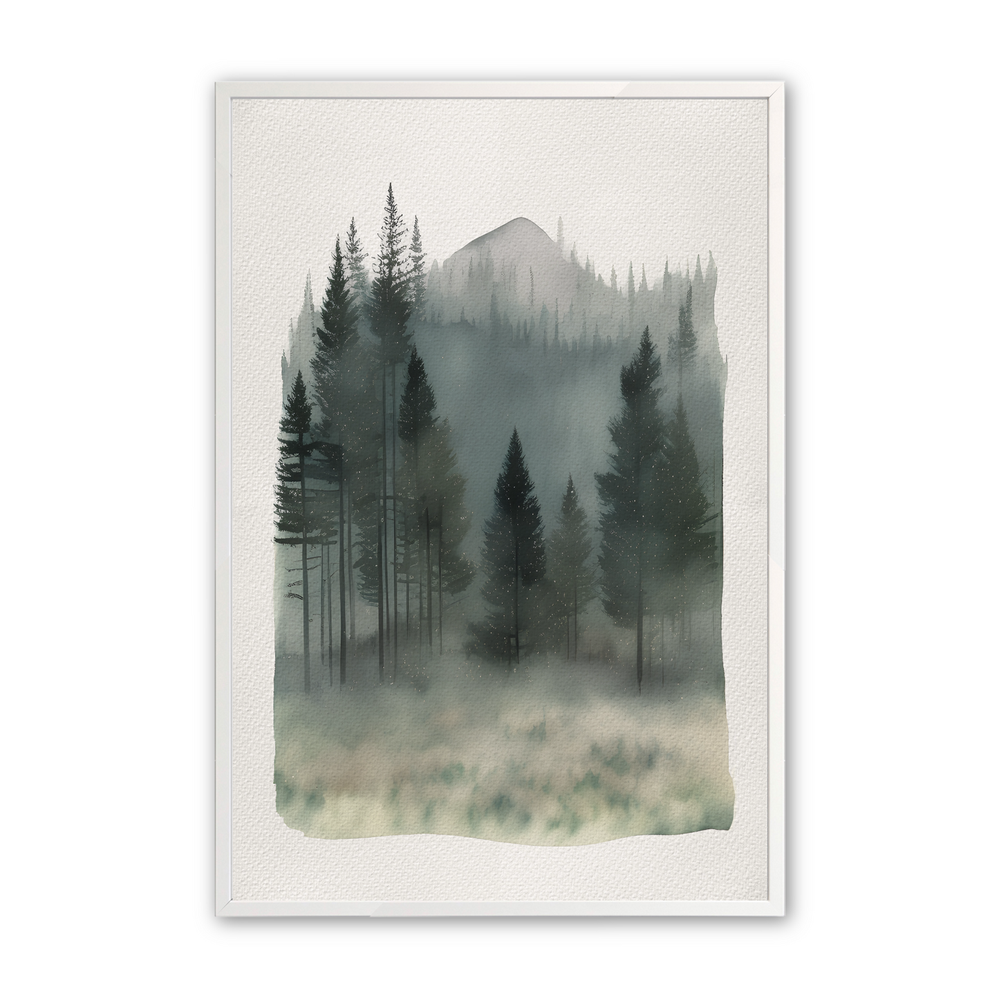 [color:Opaque White], Picture of the third of 3 watercolor prints of a forest mountainscape in a white frame