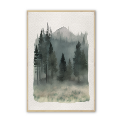 [color:Raw Maple], Picture of the third of 3 watercolor prints of a forest mountainscape in a 
raw maple frame