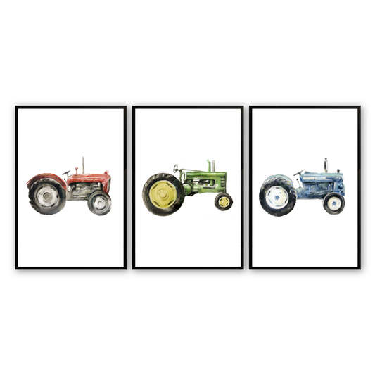 [color:Satin Black], Picture of art in frame - Tractors, Set of 3