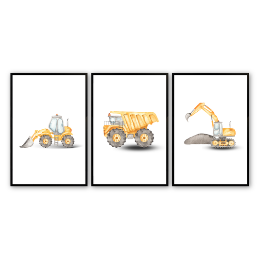 [color:Satin Black], Picture of art in frame - Construction Vehicles, Set of 3
