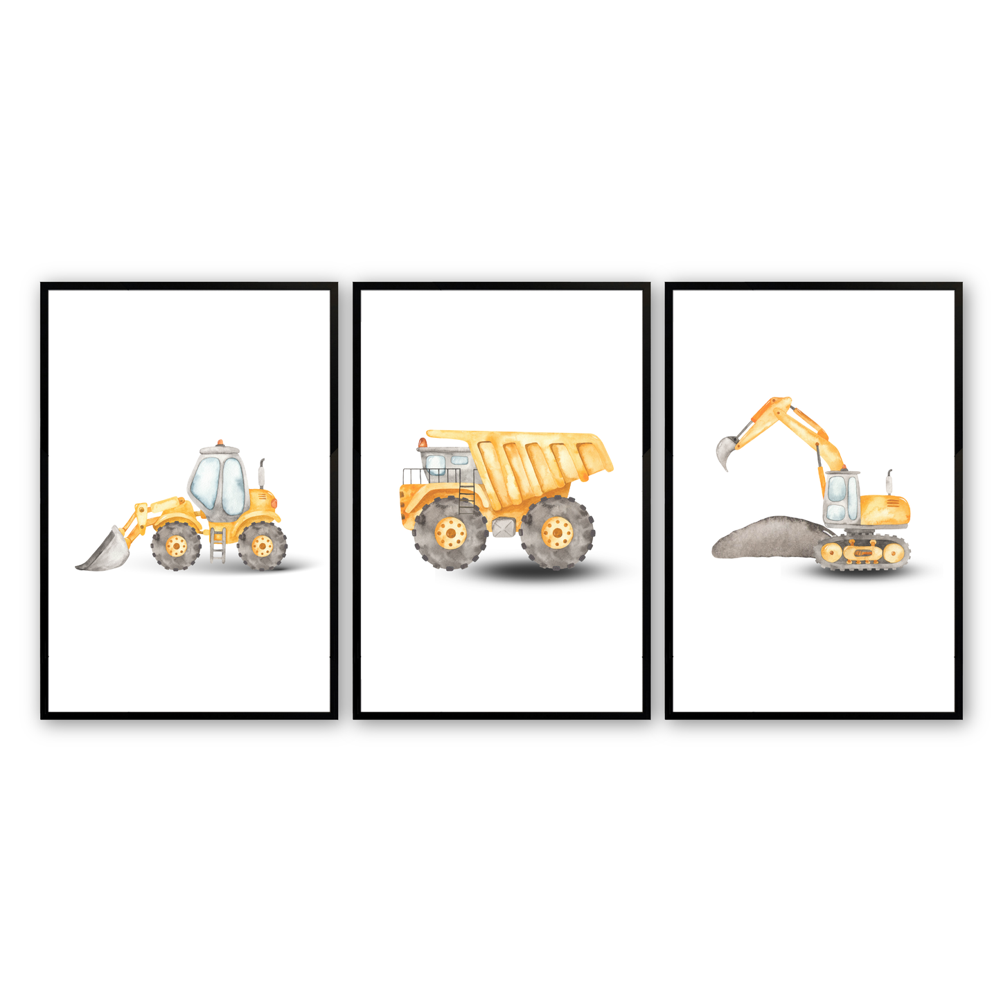 [color:Satin Black], Picture of art in frame - Construction Vehicles, Set of 3