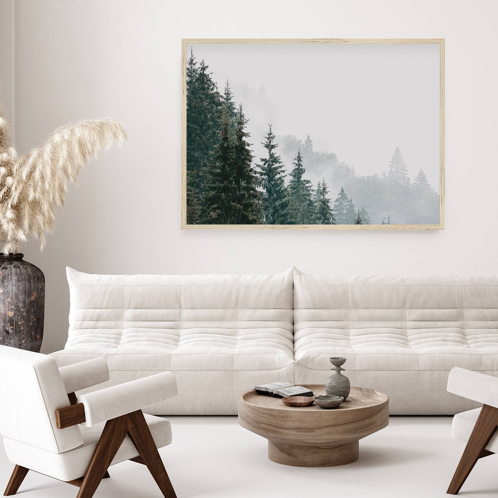 whispering mist photo in a natural frame on a living room wall