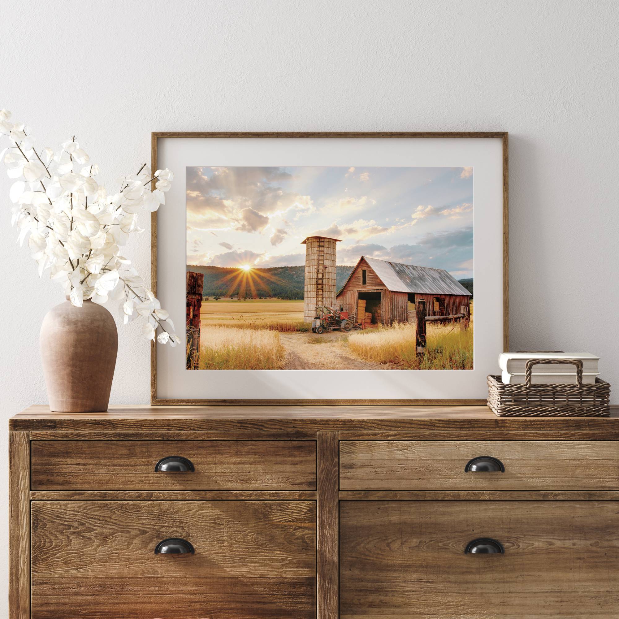 Golden Harvest framed paper print on dresser