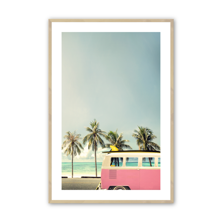 Pink wave rider print in a maple frame